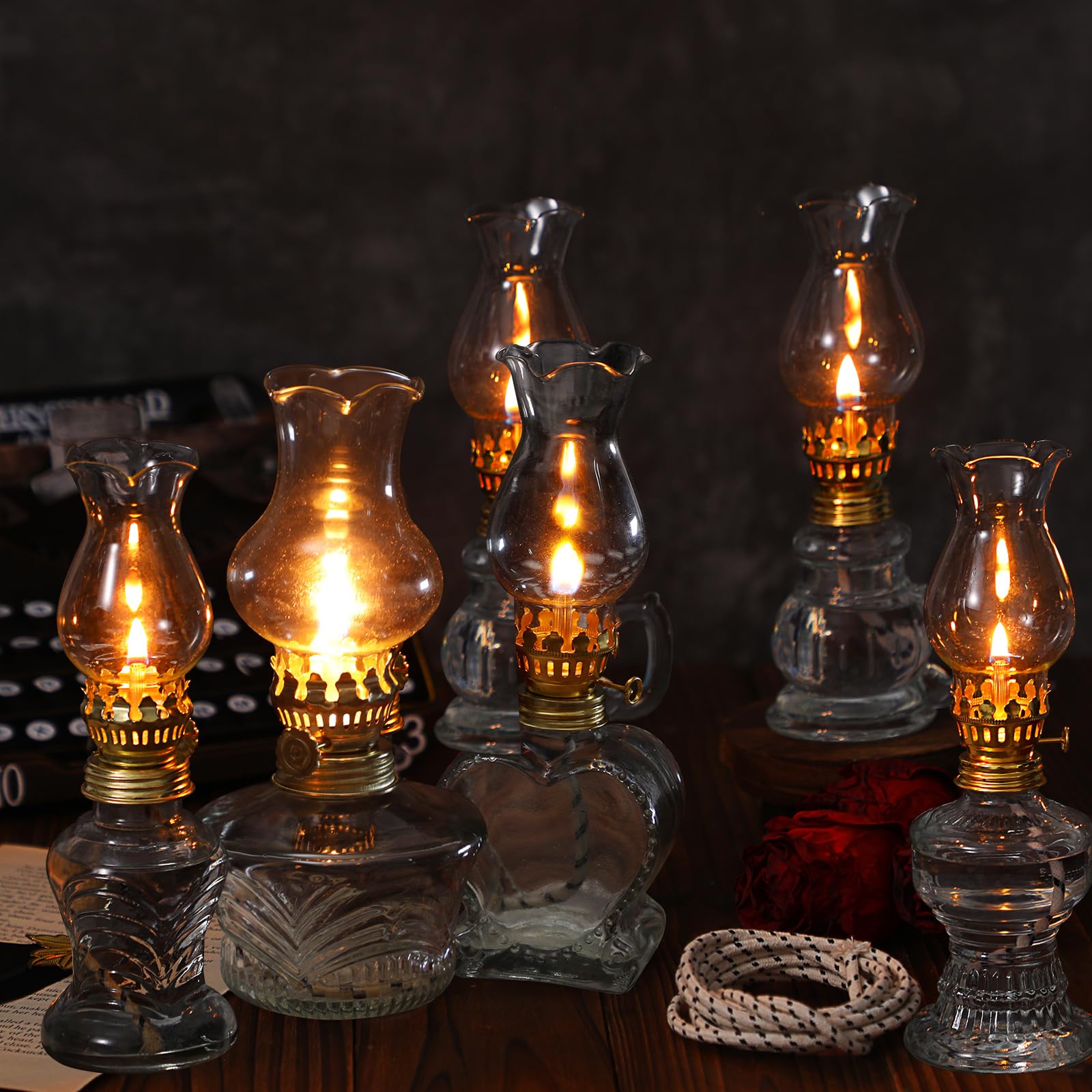 Yexiya 6 Pcs Oil Lamp Vintage Glass Kerosene Lamp Rustic Lantern Chamber Oil Lamps Clear Kerosene Lamp Hurricane Lamp With 6.6 Ft Extra Wick For Indoor Use Home Decor Emergency (Adorable Style)