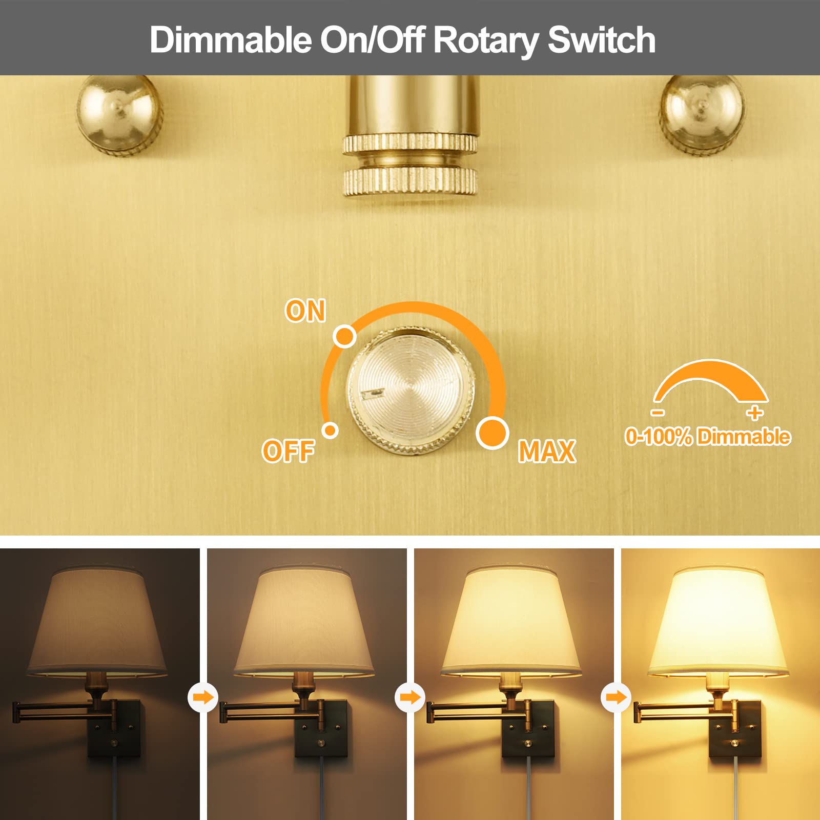 Trlife Wall Sconce Plug In, Brushed Brass Dimmable Wall Sconces Set Of 2 Swing Arm Wall Lights With Plug In Cord And Dimmer On/O