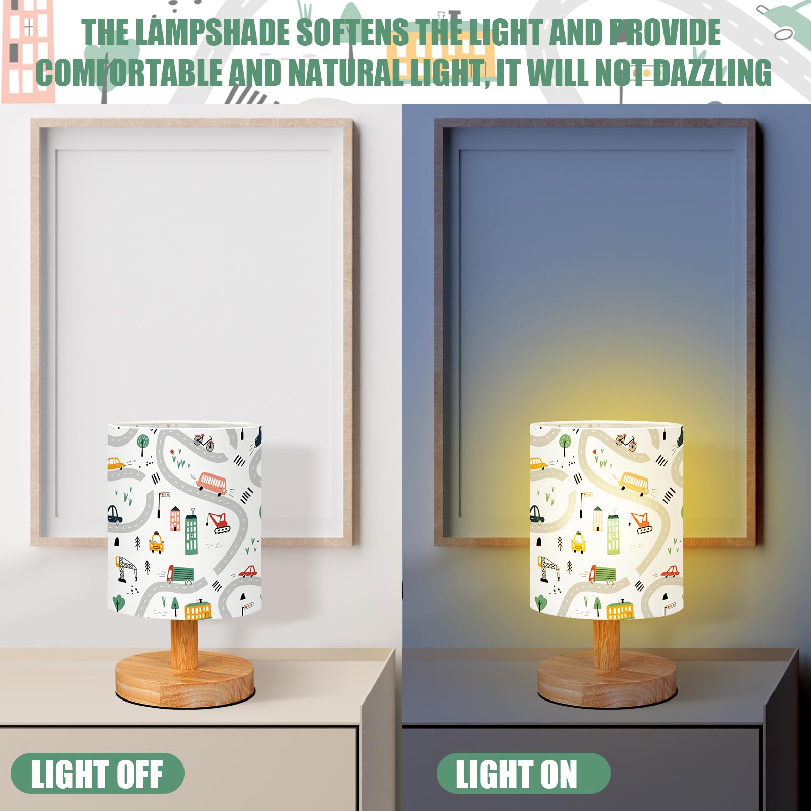 Vihose Transportation Kids Table Lamp For Bedroom Kids Bedside Lamp With Linen Wooden Nightstand Cartoon Nursery Decor Lampshade