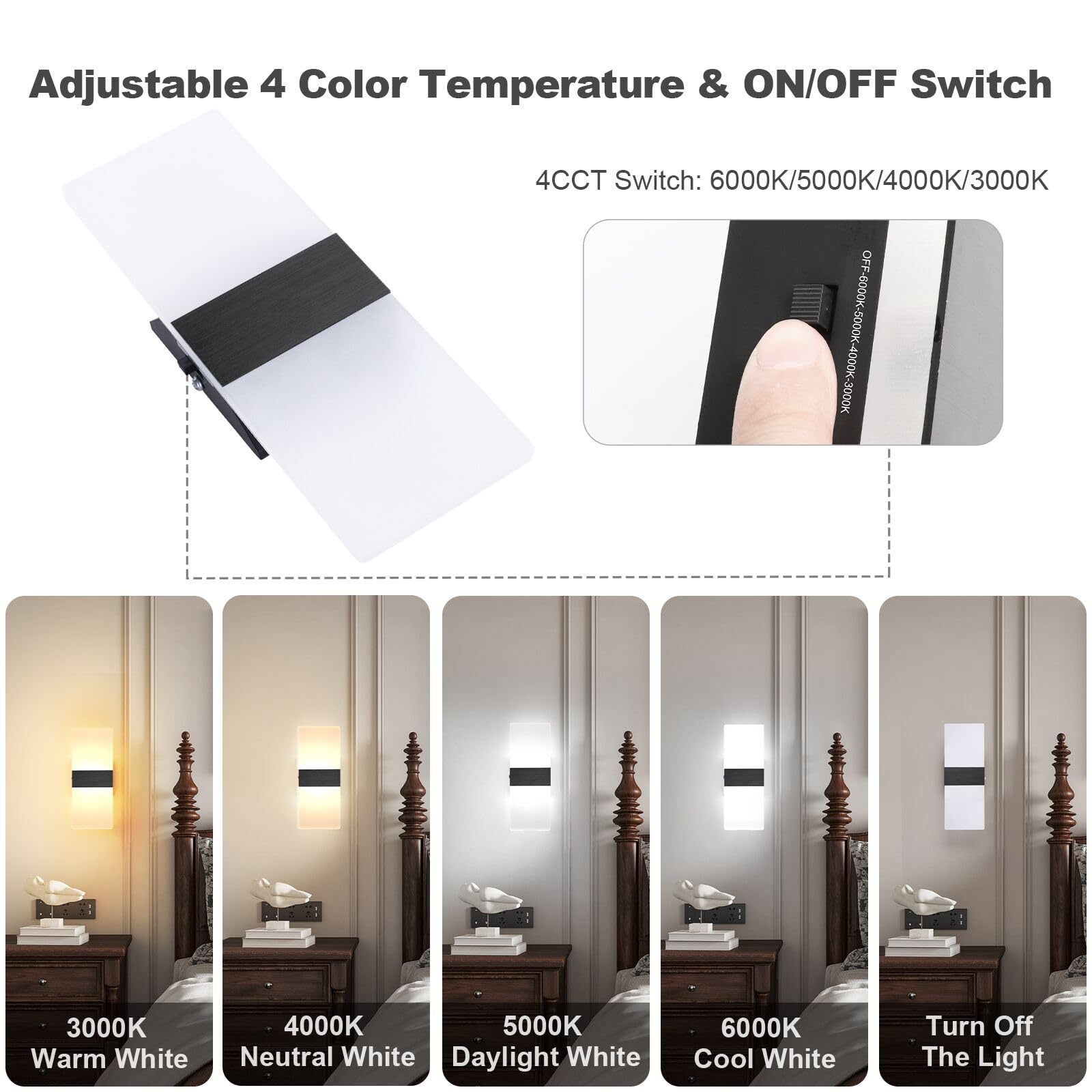 TRLIFE Dimmable LED Wall Sconces, 12W Modern Wall Lights Set of 2, Black Brushed Aluminum, 4 Color Temperature, Model YKL-MCT-Bla
