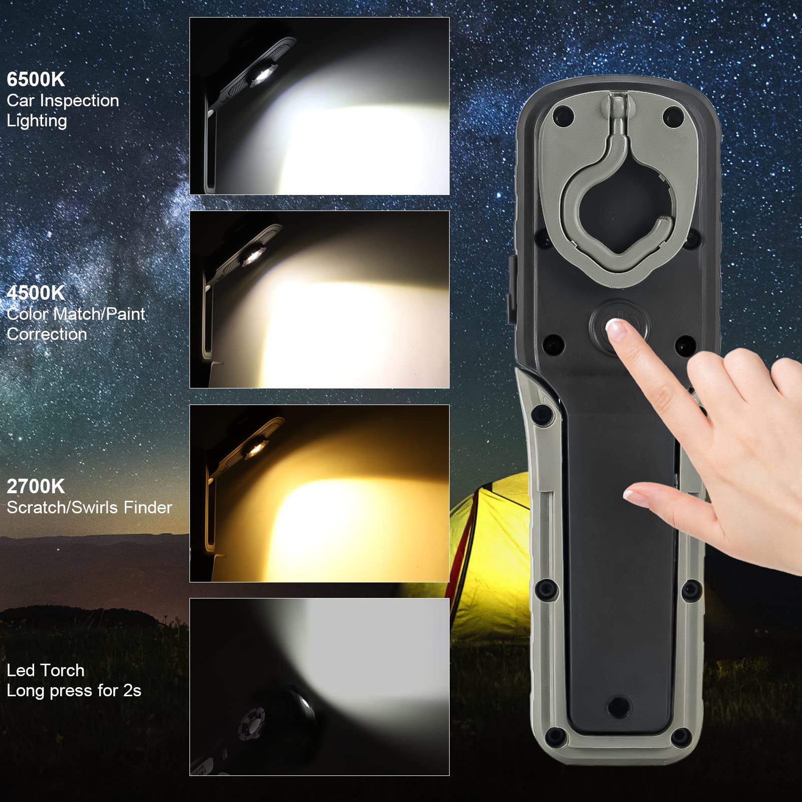 MXLEGNT Detailing Light Paint Inspection Lamp - Rechargeable LED Color Match Light, 2700K-6500K, 500LM, 93+ CRI, Black, with Magnet