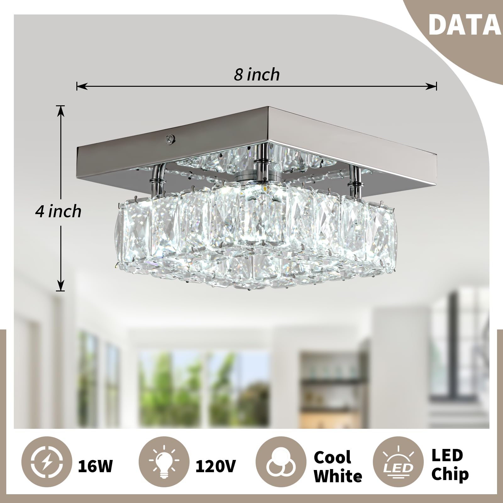 LEONTYNE Mini Modern Crystal Chandelier - 7.9" Flush Mount Ceiling Light, Cool White LED Fixture for Hallway, Foyer, Bedroom, Dining Room