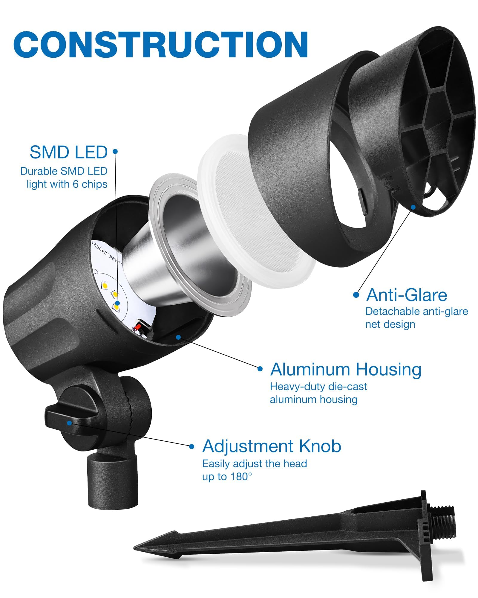 SUNVIE 6W LED Landscape Lights, Warm White, 12-24V, Waterproof, Black, Model CLWS0608C, 8 Pack
