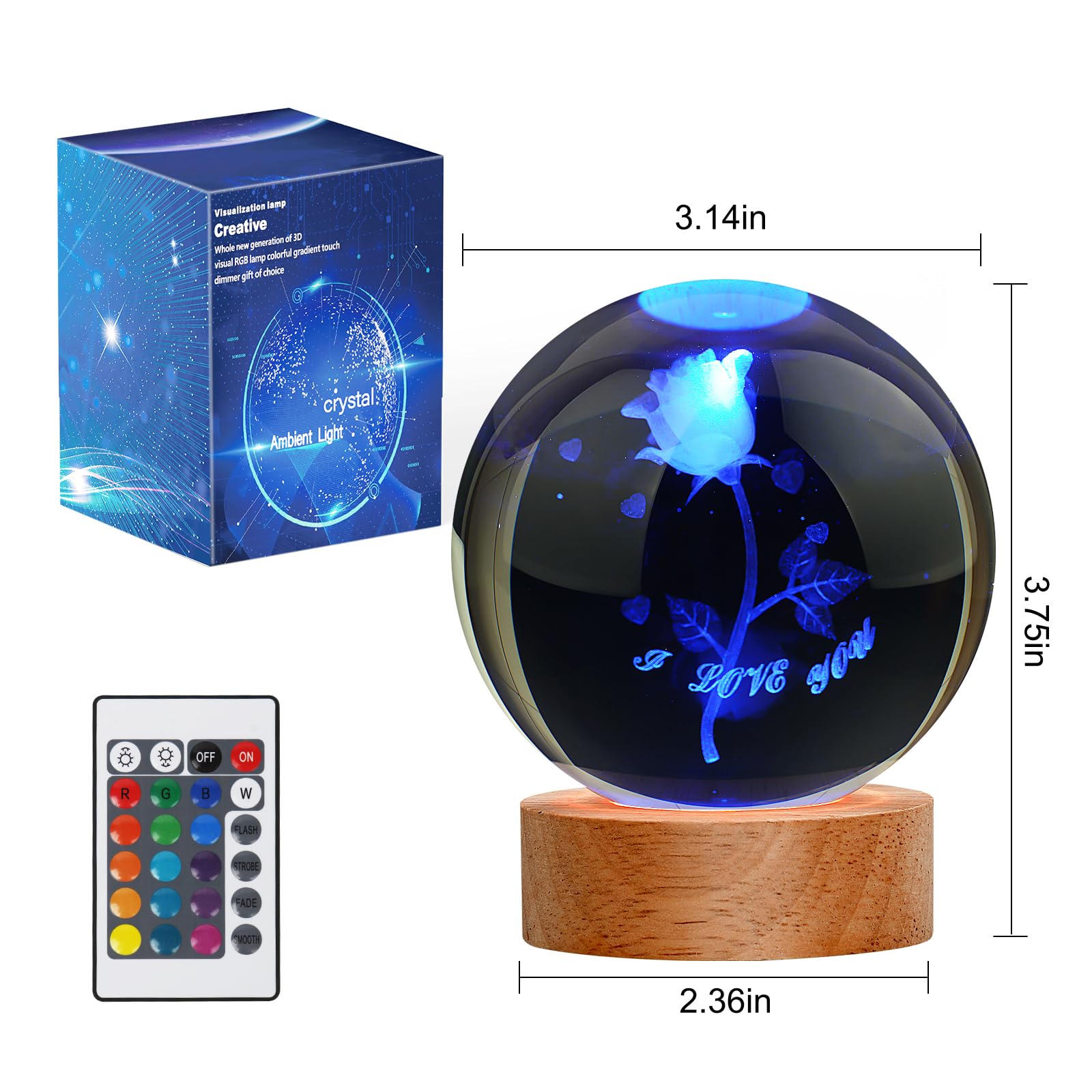 Janarary Rose Lamp Cute Gifts For Women, Large 3D Rose Night Light, Crystal Light Up Rose Lamp 16 Color Changing With Remote Con