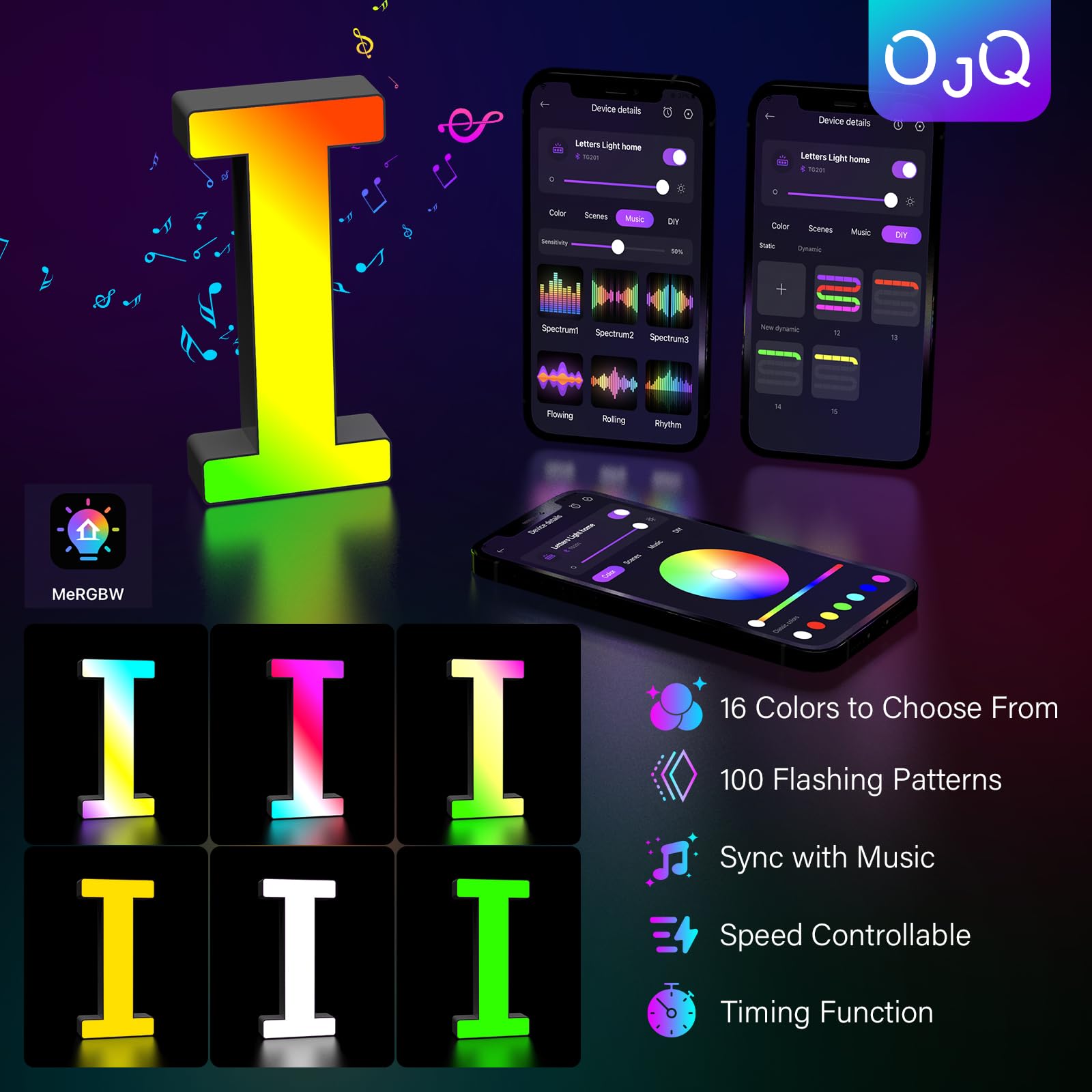 OJQ Light Up Letters LED - Colorful Alphabet Decor, Music Sync, Plastic, Model A1, Ideal for Teen Girls Room and Parties
