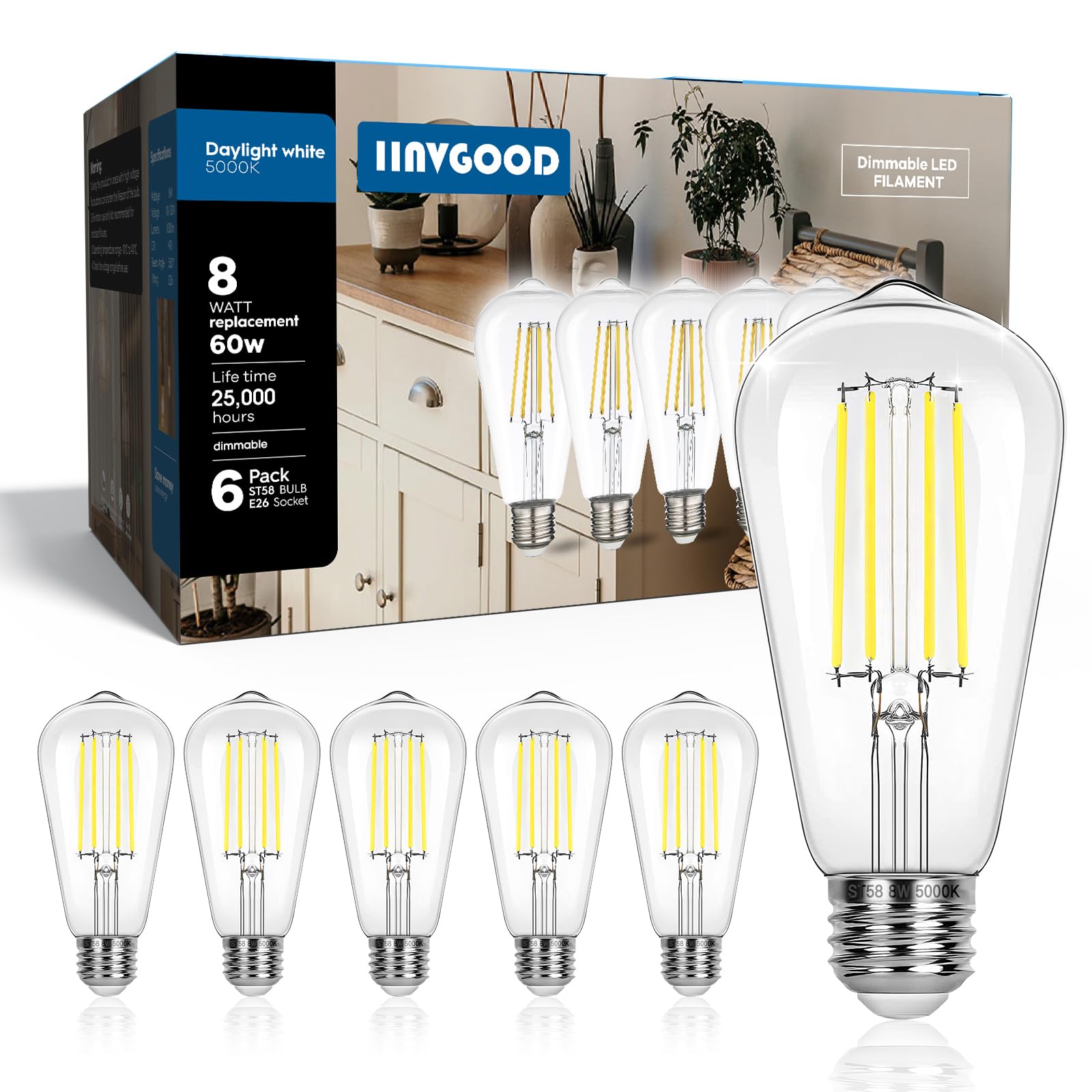 IINVGOOD Edison Light Bulbs, Dimmable Vintage LED, 60W Equivalent, 8W, 800LM, ST58, Clear Glass, 5000K Daylight White,