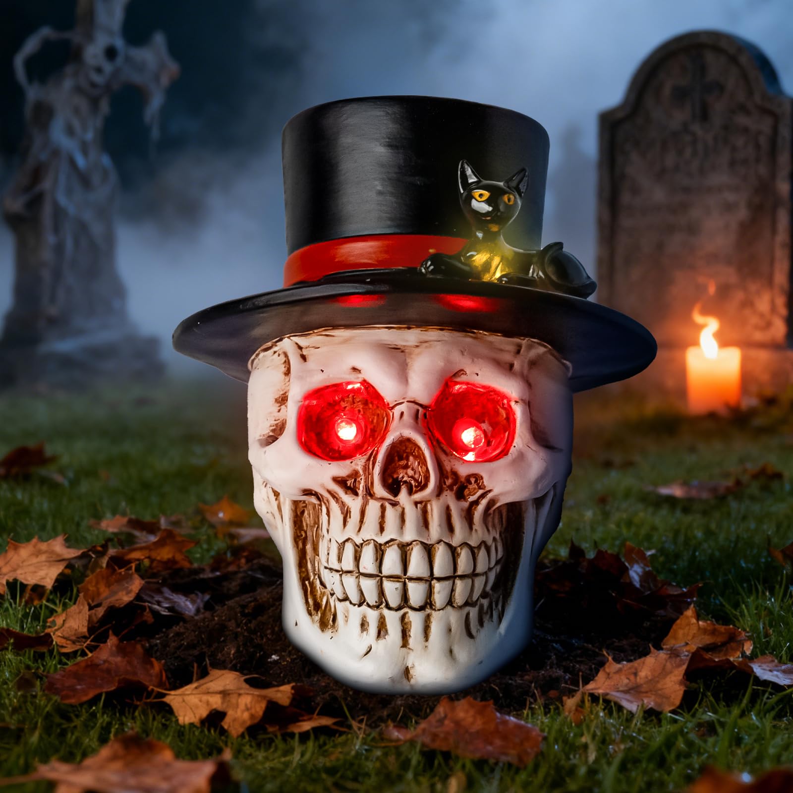 Pohabery Halloween Skull Decorations - Solar Light with Red Eyes, Medium Resin Figurine, Includes Hat & Black Cat, Outdoor Yard Decor