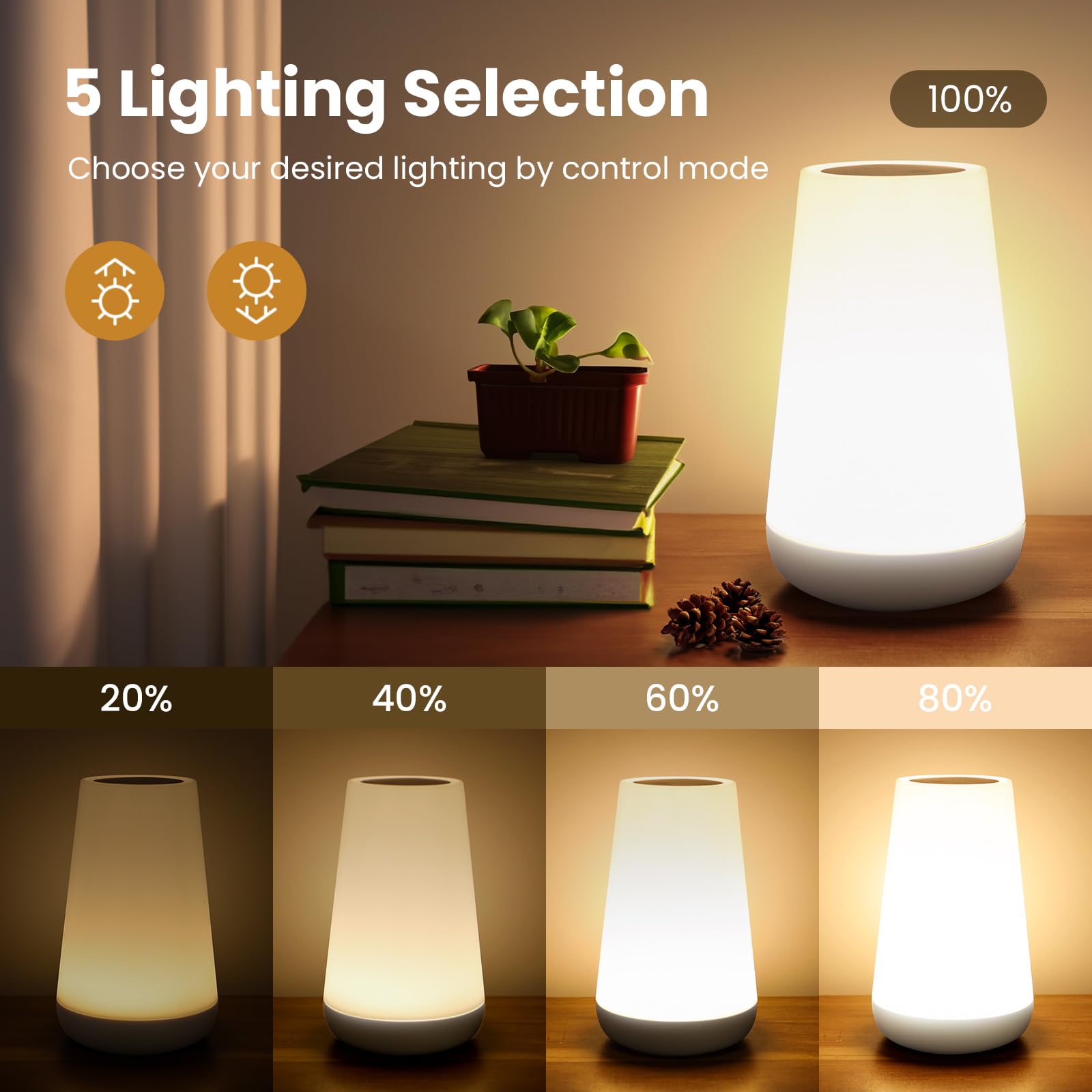 THAUSDAS Touch Lamp - Portable Dimmable Bedside Lamp with USB Charging, 5-Level Warm White & 13 Color RGB, Model NL-W01, 2-White