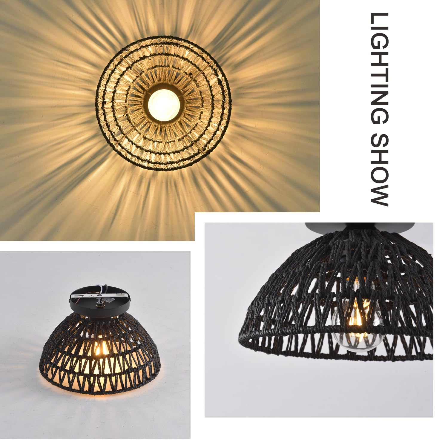 Ihengyanlt 2 Pack 10.2'' H Farmhouse Fixtures Ceiling Mount,Black Rattan Boho Semi Flush Mount Ceiling Light,Hand Woven Hallway