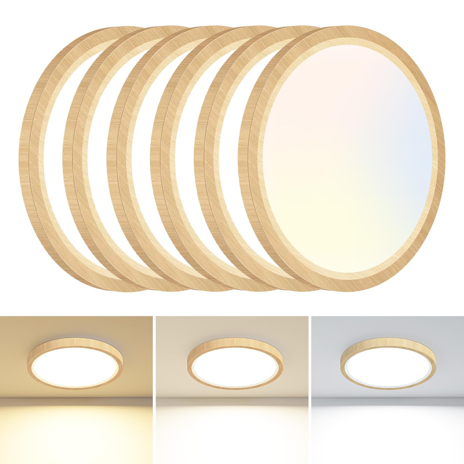 6PACK Flush Mount Ceiling Light Fixtures - 3000K-4000K-6500K & 100W Equivalent Flat Led Lights for Room Ceiling 7.5Inch Ultra Thin Round White Ceiling Lights for Bedroom Kitchen Bathroom (Wood