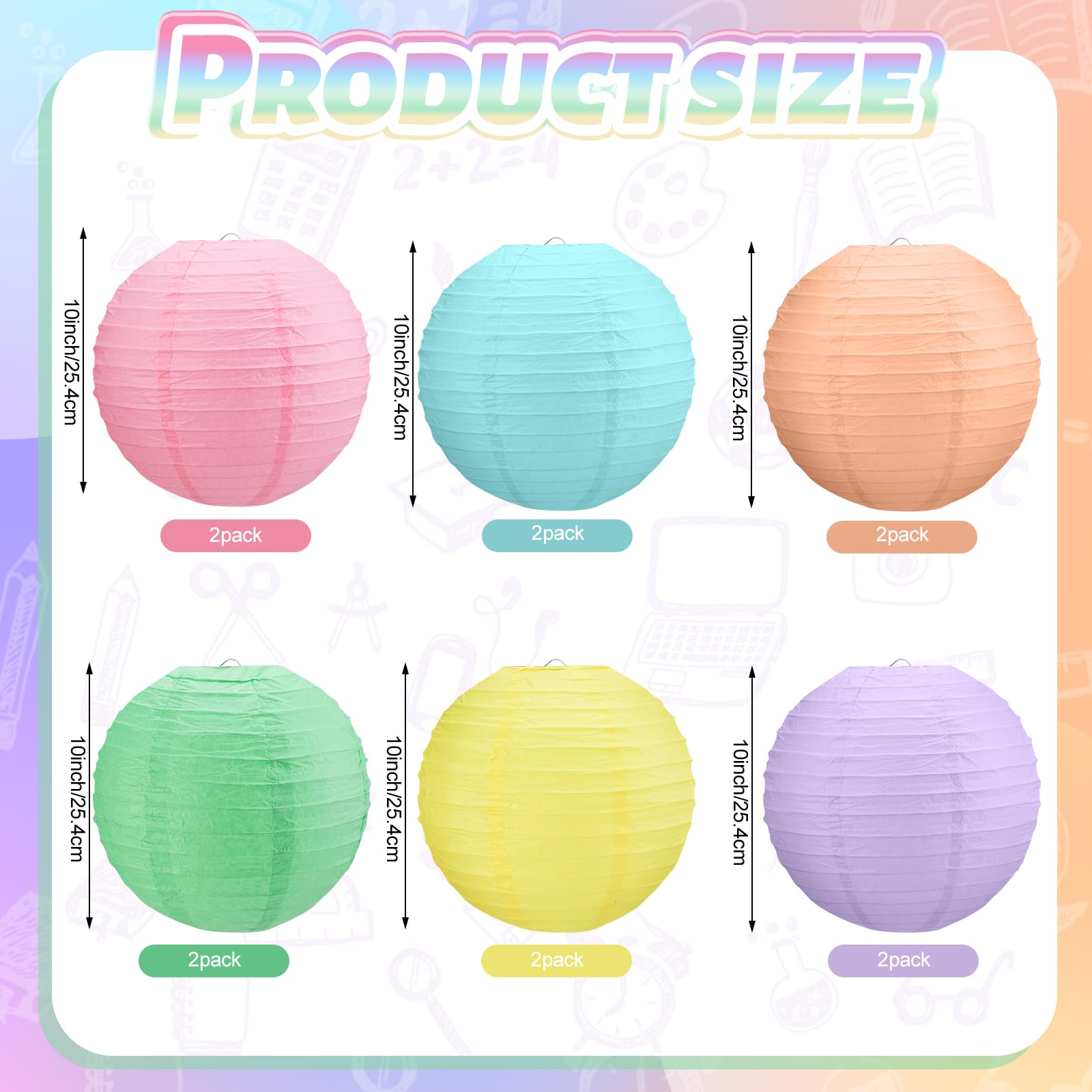 Retisee 12 Pcs 10 Inch Paper Lanterns Pastel Classroom Decor Rainbow Party Decorations Hanging Paper Lanterns For School Wedding Birthday Graduation Party Decorations(Pastel Colors)
