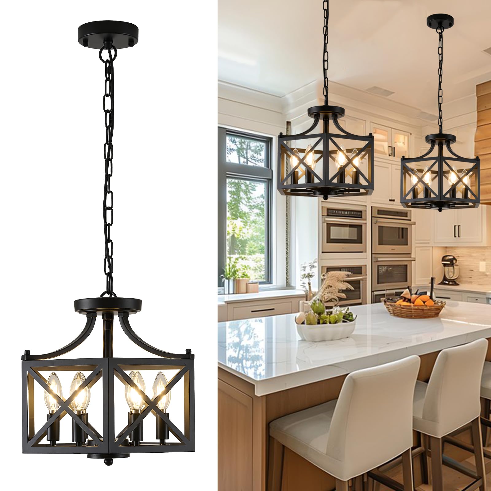 ZSDHXi 6-Light Pendant Lights Kitchen Island, Modern Black Pendant Light Fixture with Hexagonal Metal Cage, Adjustable Geometric