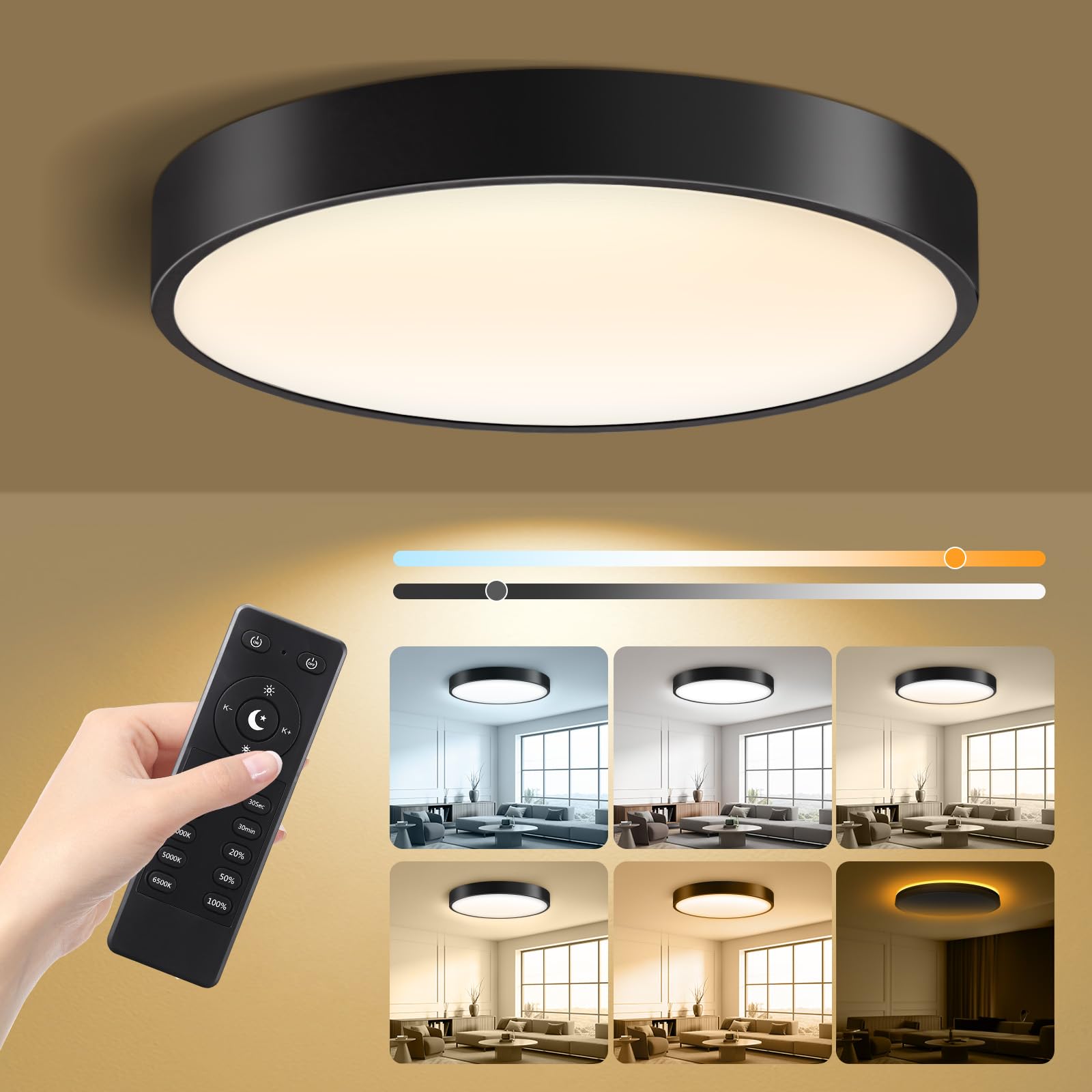 Lightania 15 Inch Flush Mount Ceiling Light, 35W 3500LM, Dimmable, Remote Control, Night Light, Black, Model LXD01-L18HN-BK