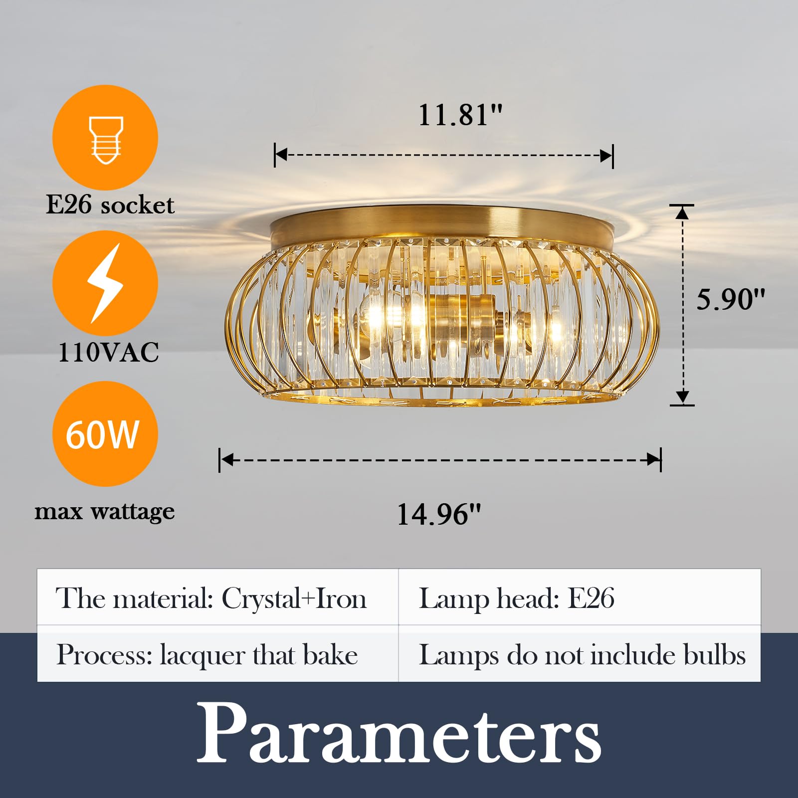 Yyjlx Gold Crystal Flush Mount Ceiling Light Fixture - Modern 3-Light Chandelier For Home