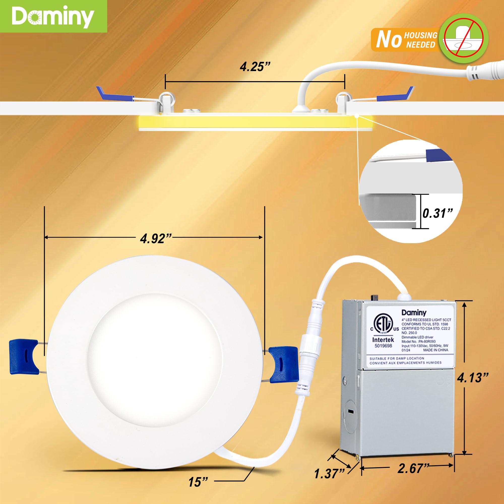 DAMINY 12 Pack 4 Inch LED Recessed Lights, 5CCT Dimmable, Ultra-Thin Canless Wafer, Night Light, Model P205C
