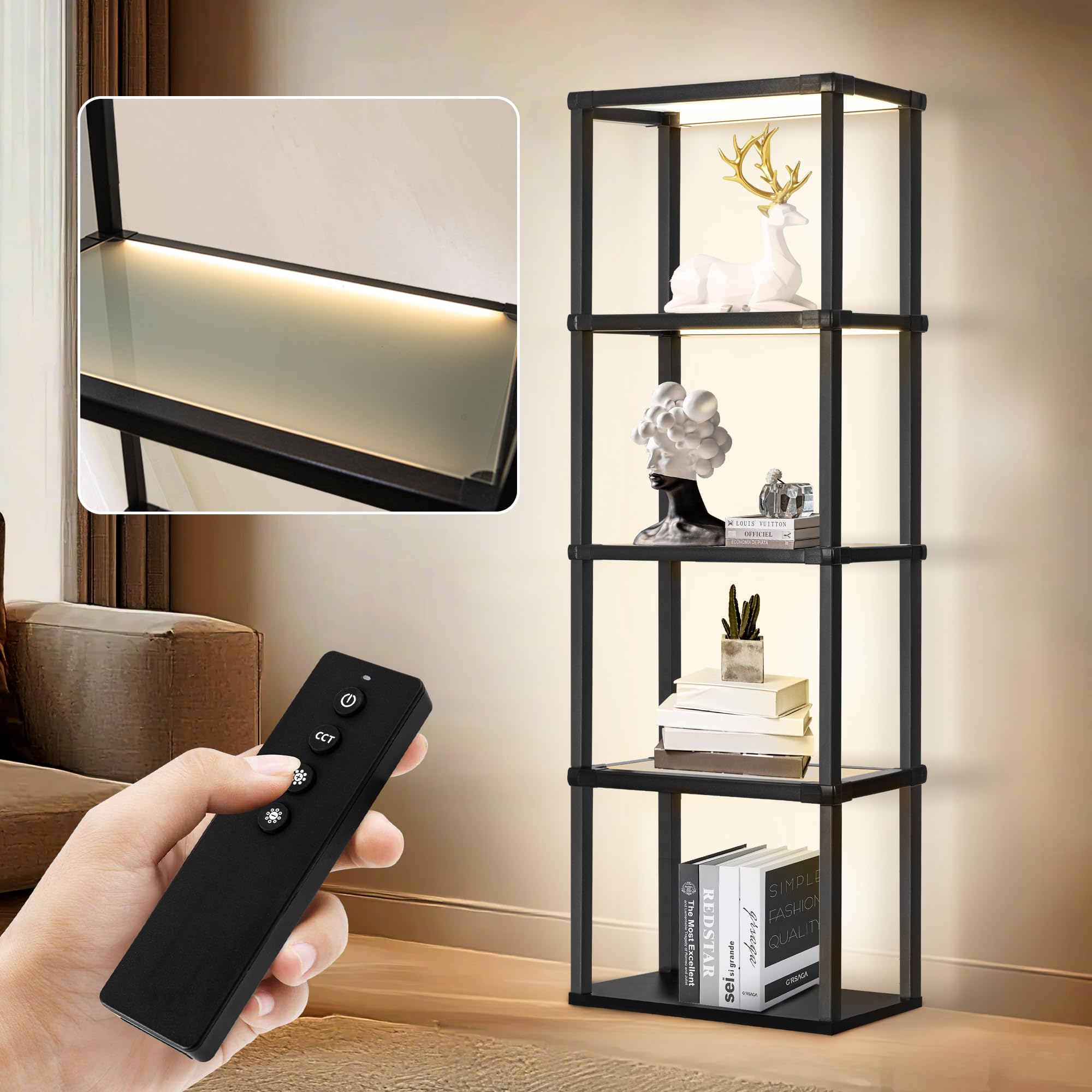 Tall Display Shelf Floor Lamp, Dimmable Led Lamp With 3 Color Temperatures, Sturdy Glass Curio Cabinet Bookcase With Remote Cont