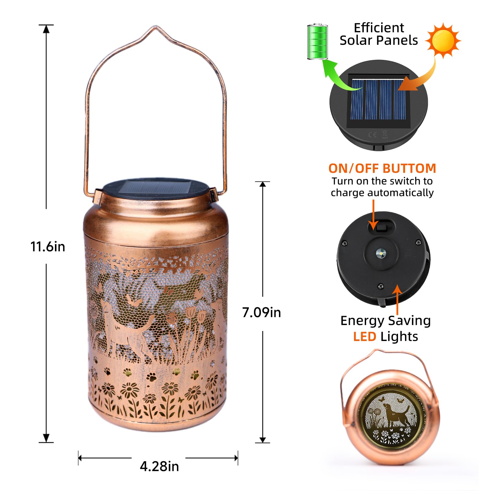 WACLSTDAY Dog Solar Lanterns - 2 Pack Outdoor Waterproof Metal Lights, Red Copper, Model B-W-DL-2508-GOU-02, Ideal for Garden Decor