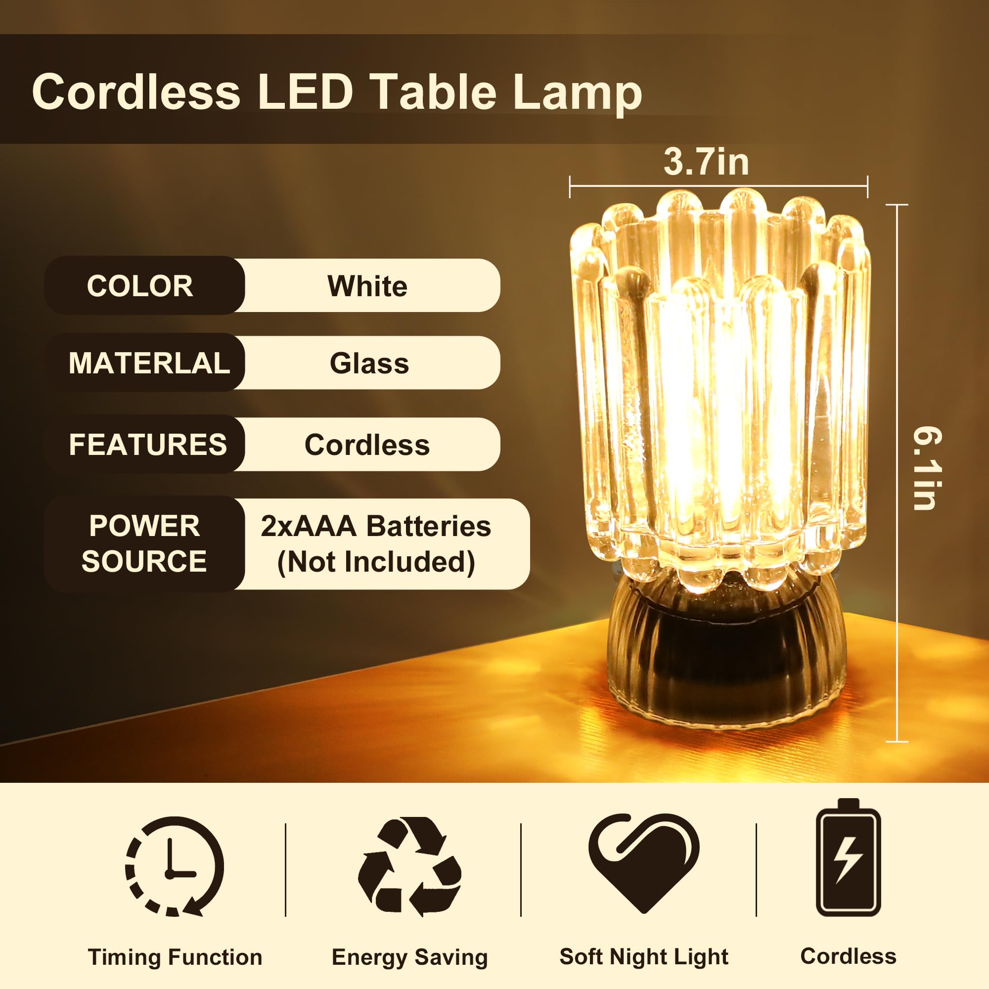 MiuBrty Battery Operated Table Lamp, Auto-Off Timer, Portable LED Night Light, Large, Wine Glass Design-White, Model ZZ-01