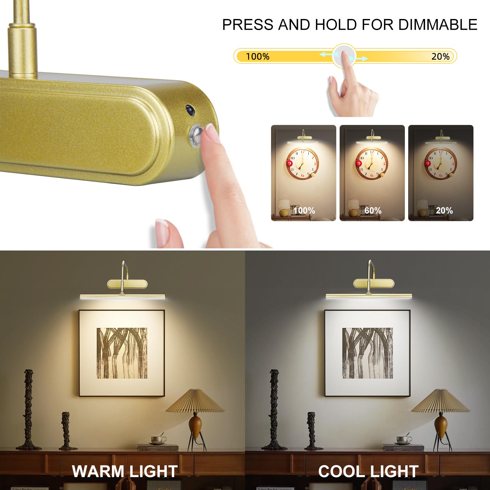 RAIFOOLLY Picture Light, Wireless Remote Control Art Light, Dimmable, 12 inch, Gold, Model RF00300