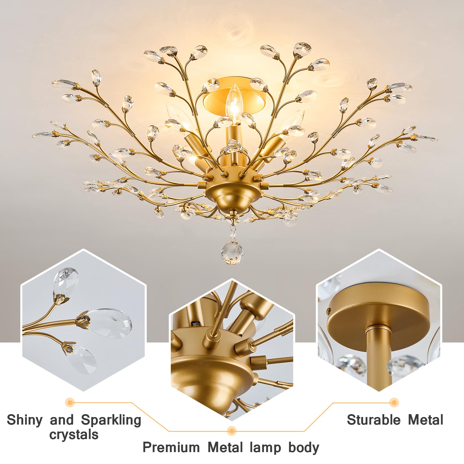 CVKASH 5-Light Vintage Crystal Chandelier, Brushed Gold Ceiling Light for Kitchen, Dining, Living Room, Bedroom, Model W-1366