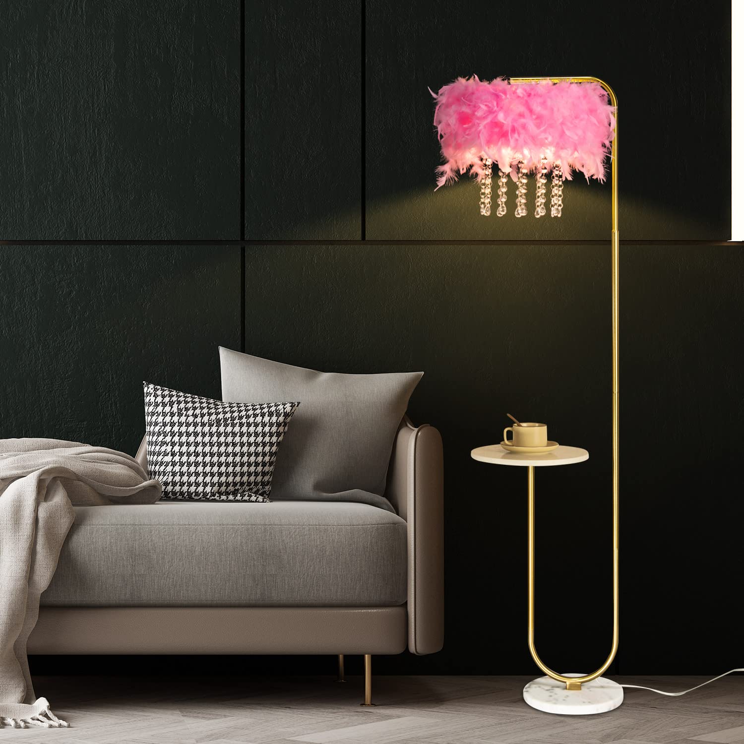 beaysyty Unique LED Pink Feather Floor Lamp, Brass Finish, 64.96" Tall, Foot Switch, Ideal for Living Room & Bedroom Decor