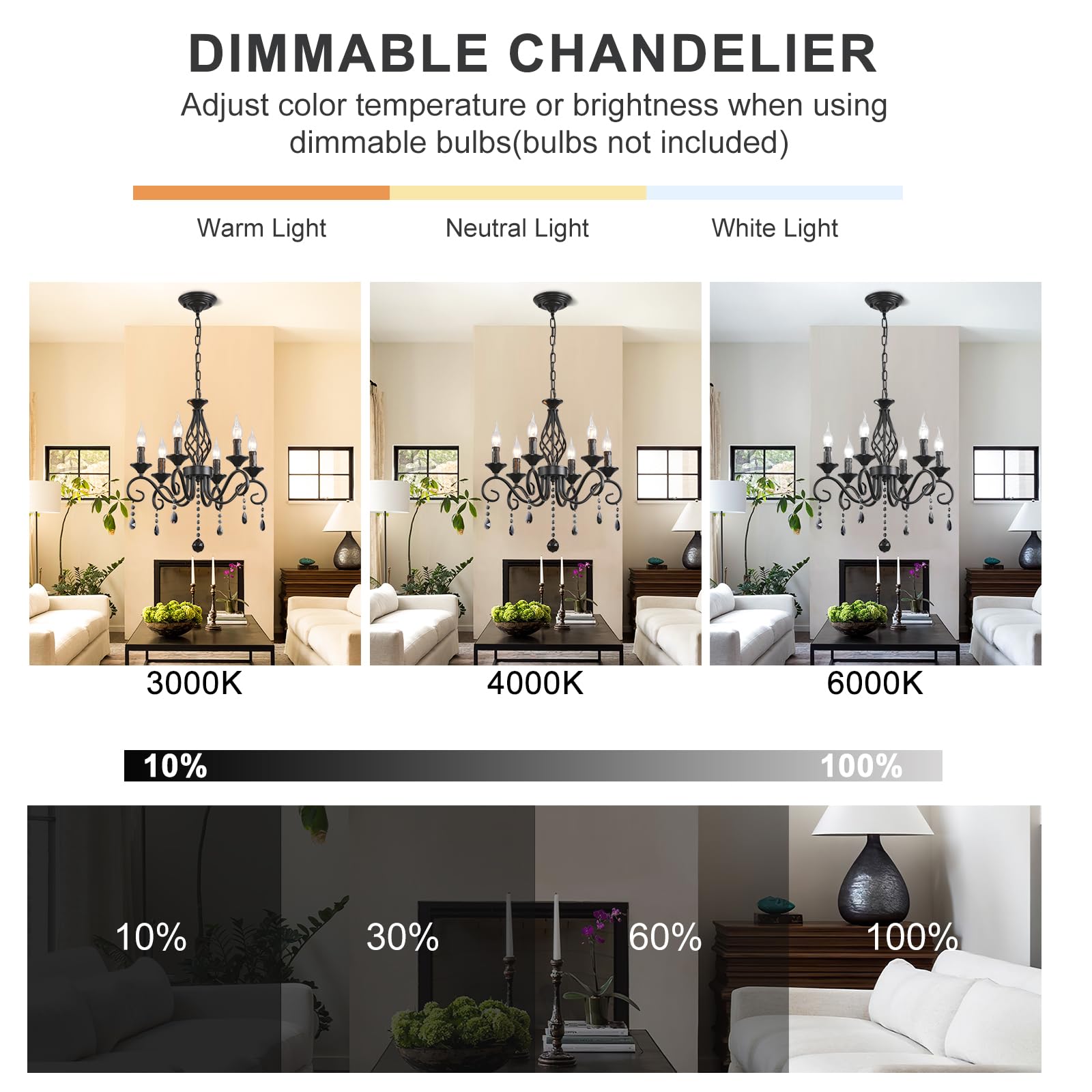 Ganeed 6-Light Black Crystal Candle Chandelier, Rustic Iron Pendant Light Fixture for Living Room, Dining Room, Bedroom, Model 058-6B