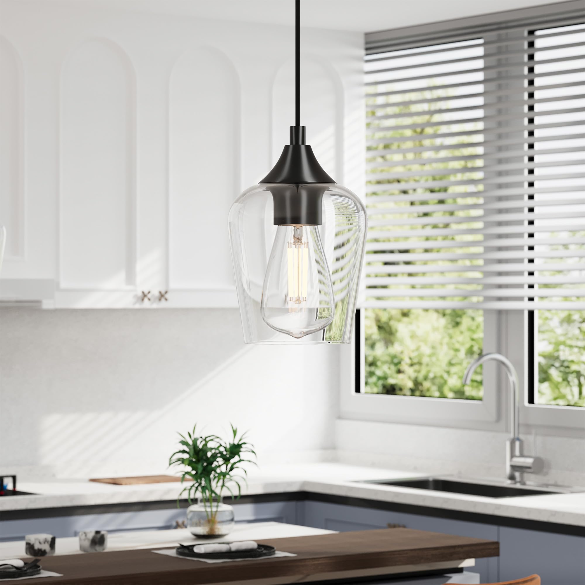 VONLUCE Pendant Lights - Matte Black Modern Fixtures, E26 Base, Adjustable Cable, 2 Pack, Glass Shade for Kitchen, Living Room, Hallway