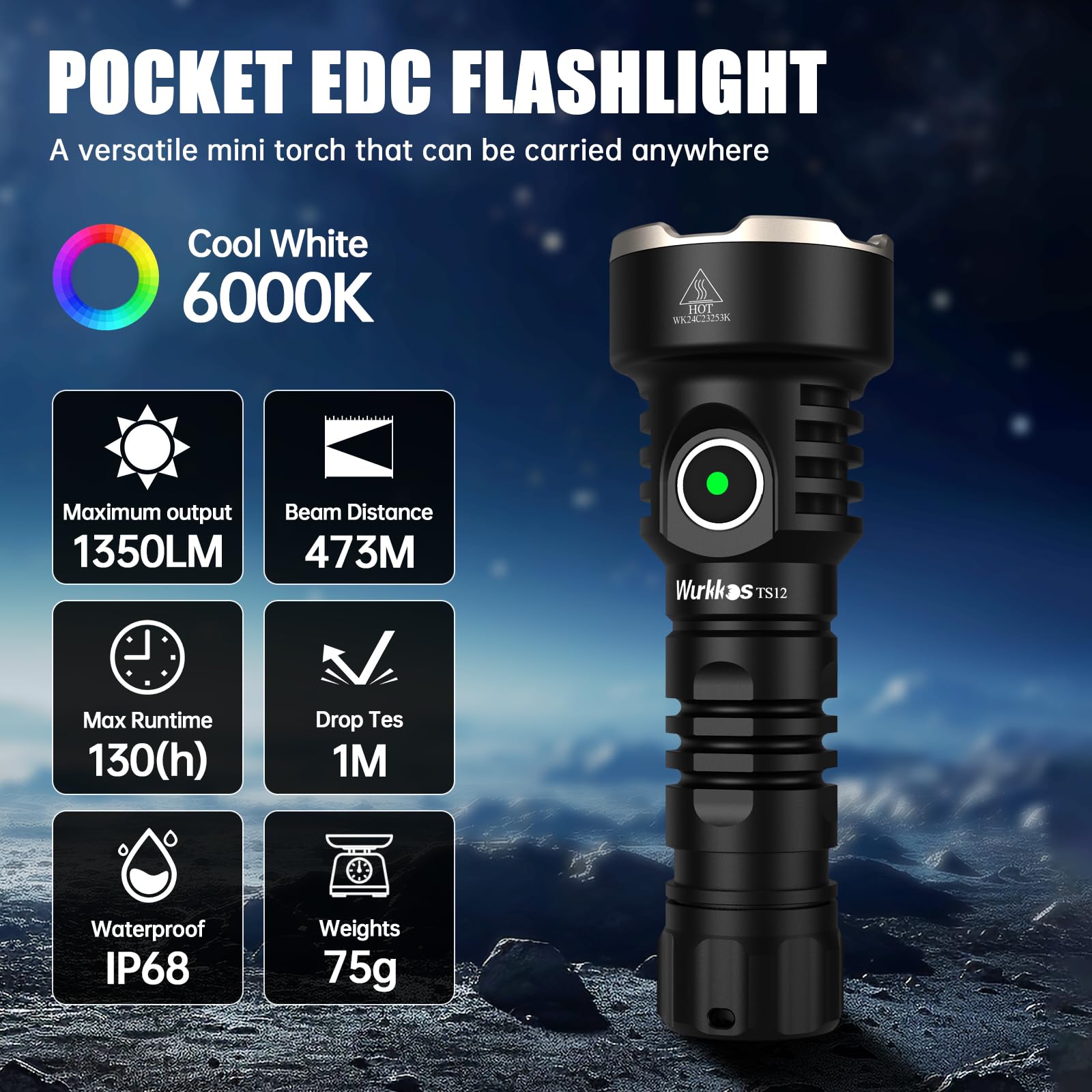 Wurkkos TS12 Mini Flashlight - 1350 Lumens Rechargeable EDC, IP68 Waterproof, Black