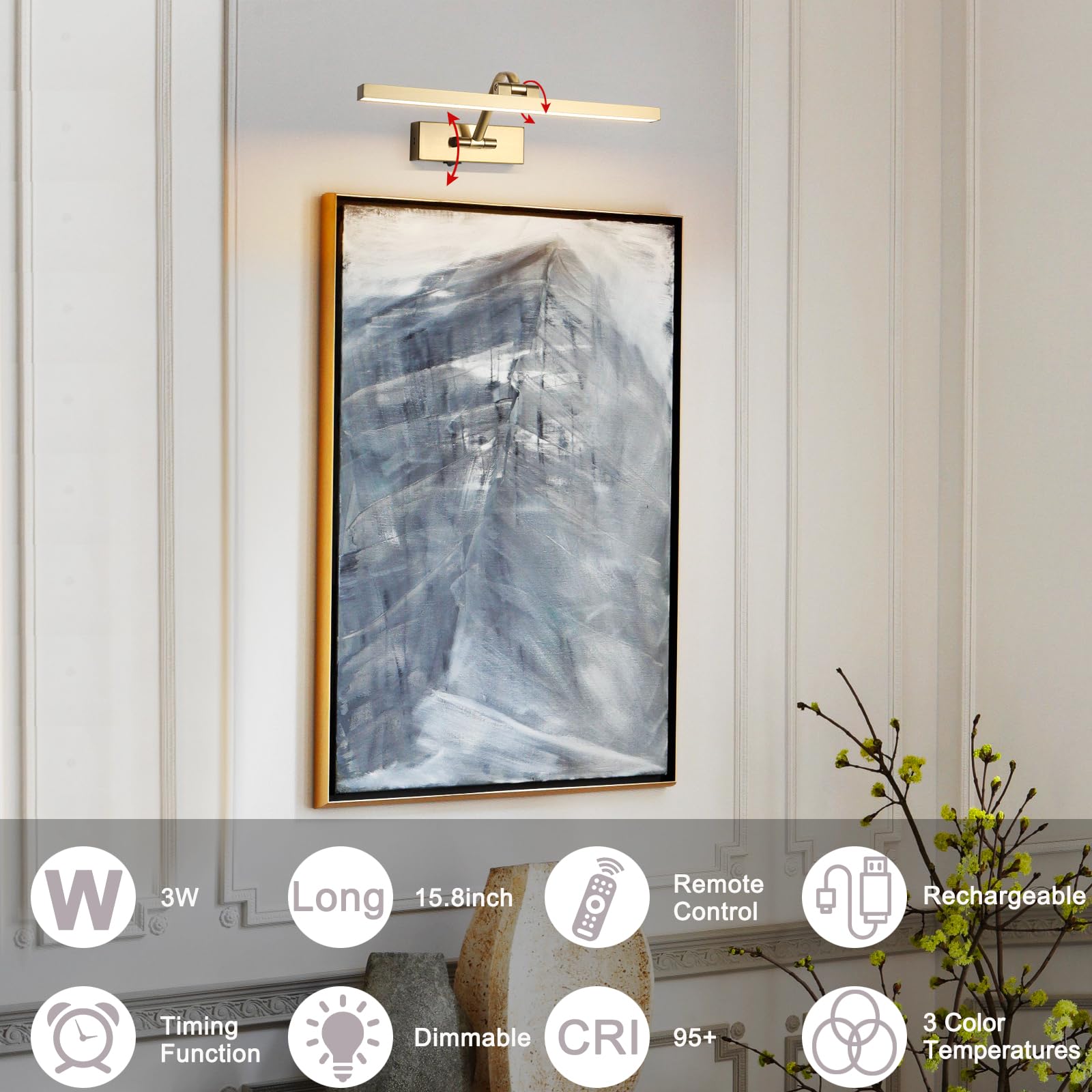 Wireless Picture Lights With Remote And Timer Brass Gallery Lighting Rechargeable Wireless Art Lights 3Cct Dimmable discomfort-reducingting Lights Battery Operated Wall Lights For Portrait Artwork Display 3W 16