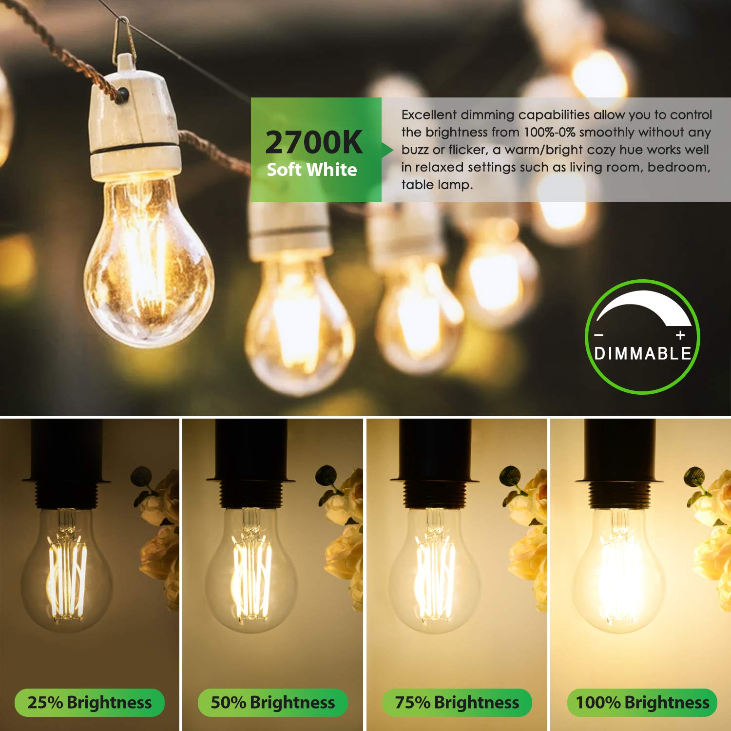 Tobusa Led Dimmable A19 Bulbs, 100W Equivalent, 2700K Warm White, 6-Pack Vintage