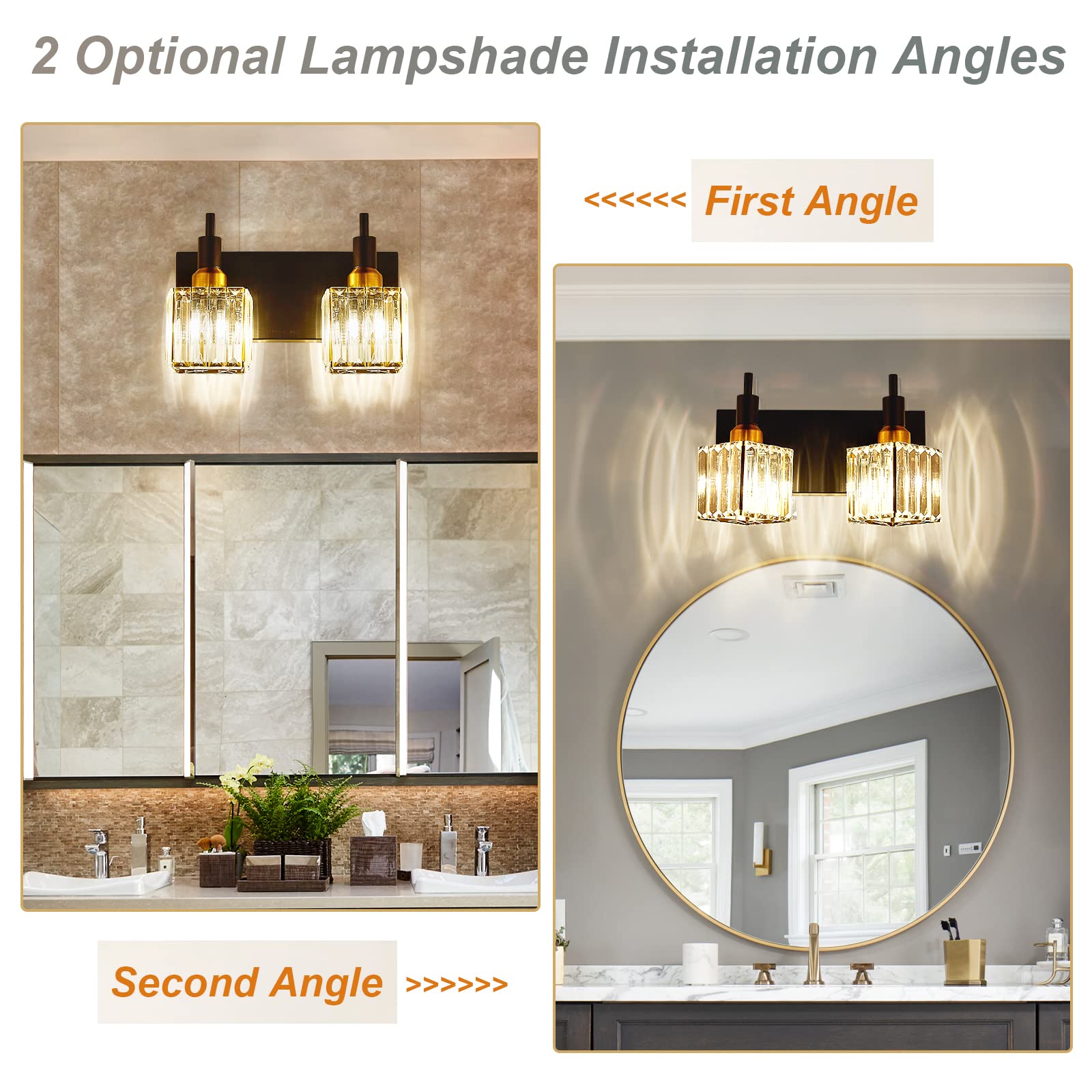 Huoku Modern Crystal Bathroom Vanity Light 2-Lights Black And Gold Bathroom Light Fixtures Over Mirror Bath Wall Sconce Lighting