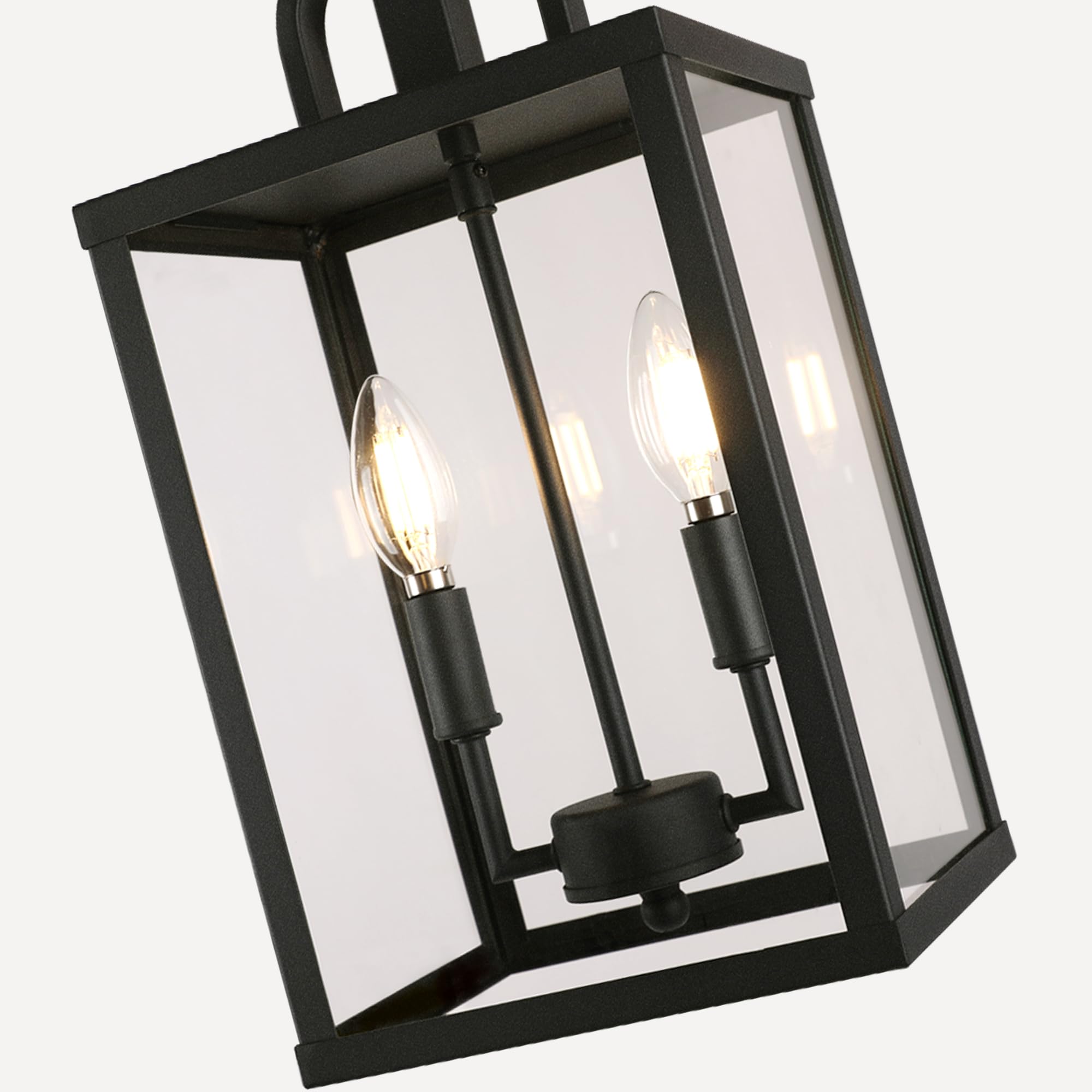 Large Outdoor Indoor Pendant Light 2-Light, Modern Black Metal Outside Chandelier Exterior Hanging Fixture Ceiling Mount With Cl