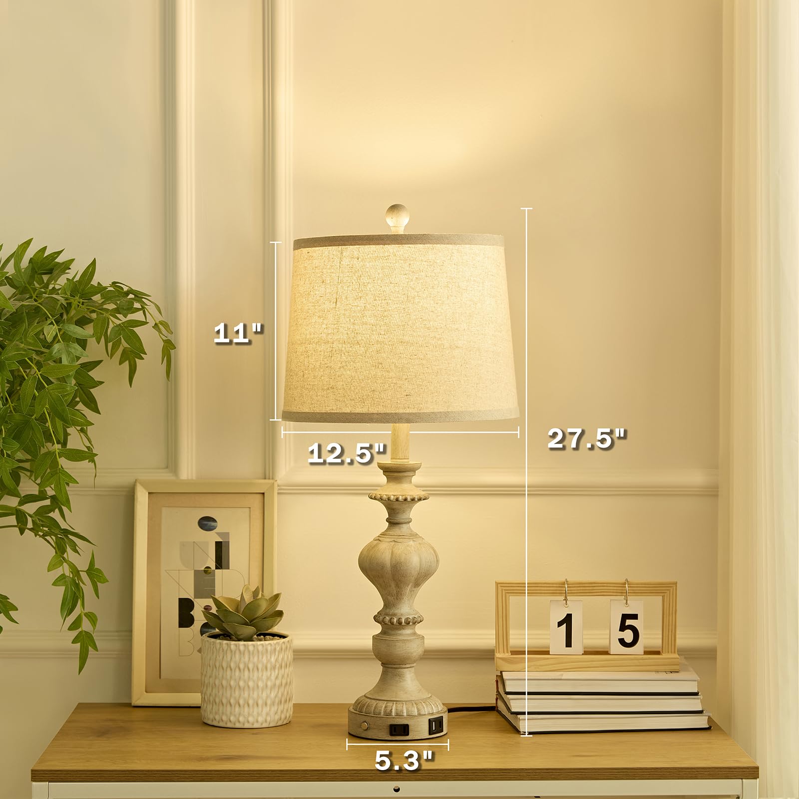 SAIWEYA 27.5" Farmhouse Table Lamps Set of 2, Touch Dimmable, USB & AC Outlet, Gray, Model TM-T03