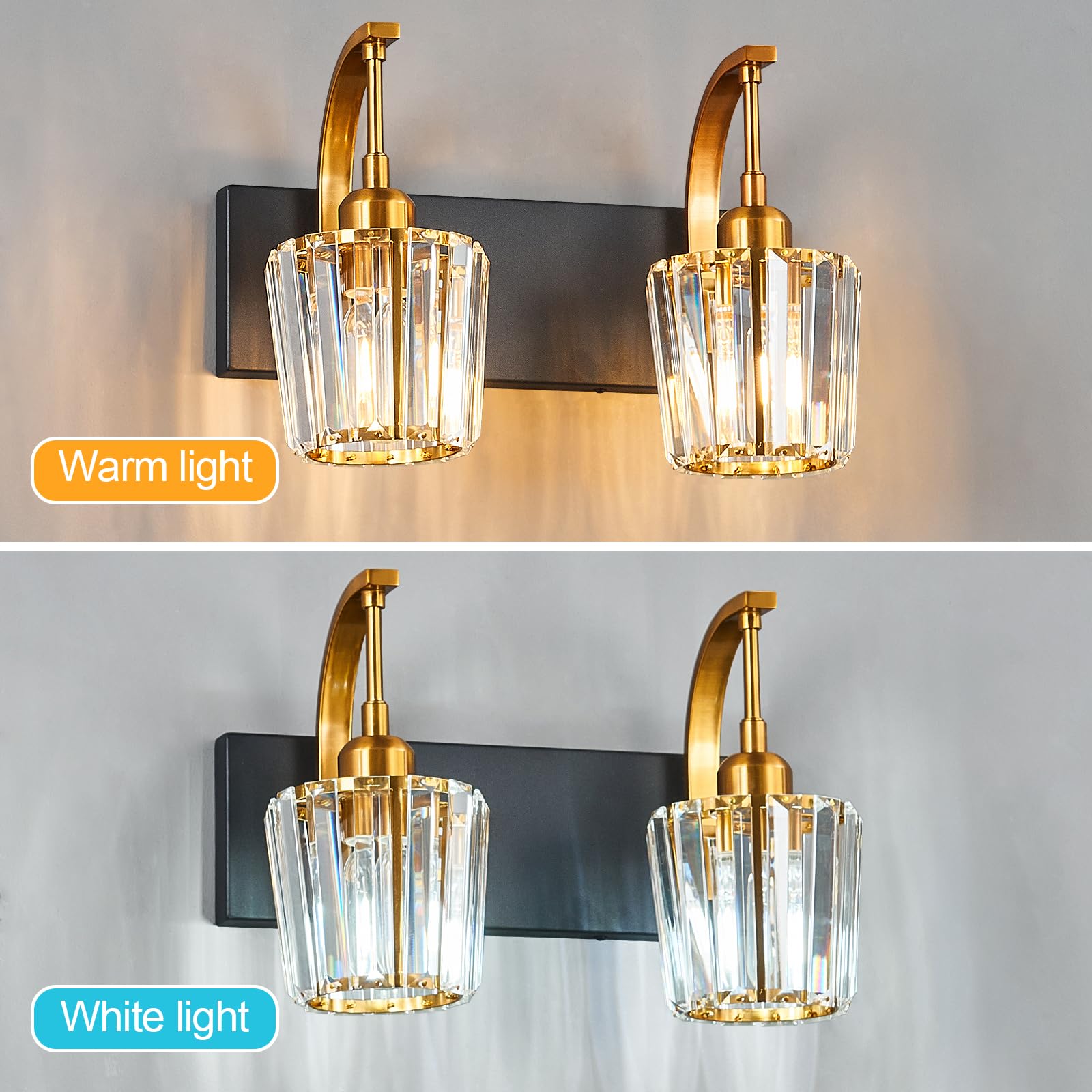 Fdpby Modern Bathroom Vanity Light  2-Light Black Gold Wall Sconce With Crystal Accents  Over Mirror Bathroom Lighting Fixture  13.77 Long Dimmable Vanity Lamp For Makeup  Easy Installation