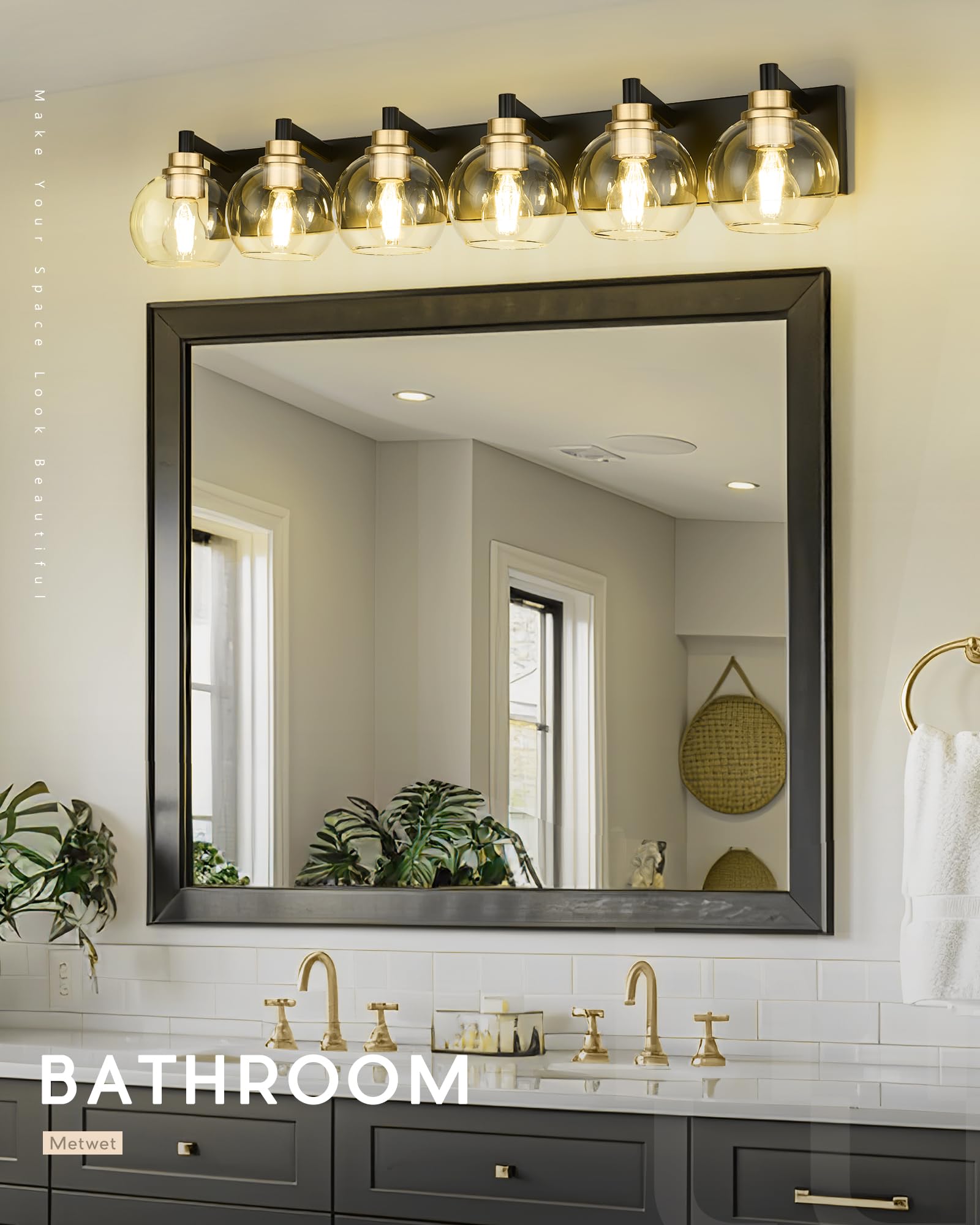 Metwet Bathroom Light Fixtures, 6-Light Black And Gold Bathroom Vanity Light, 38 Inch Modern Wall Sconces With Globe Clear Glass