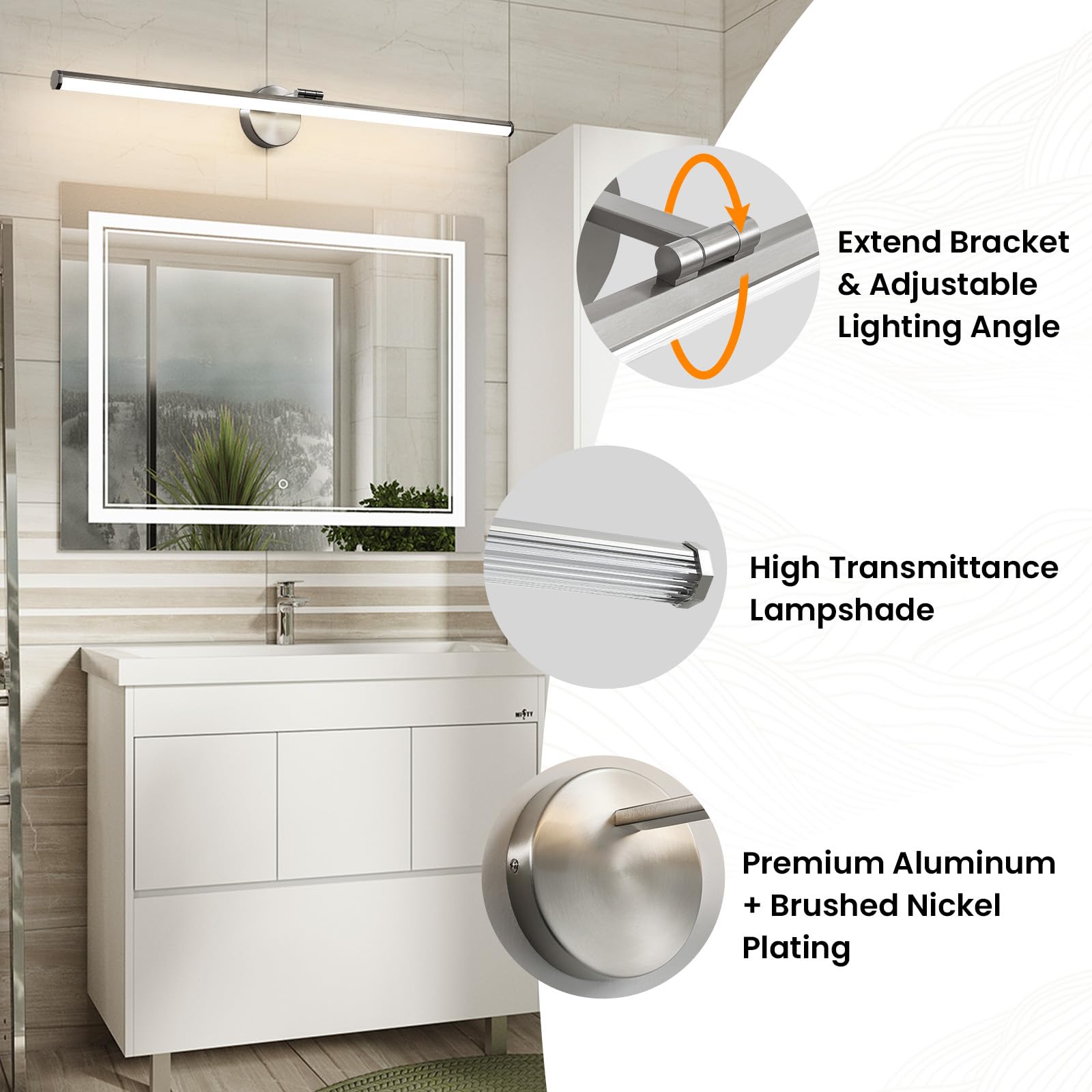 Kaisite Brushed Nickel Vanity Light 39 Inch Modern Bathroom Light Fixture Over Mirror 24W Dimmable 5Cct Led Vanity Light For Bat