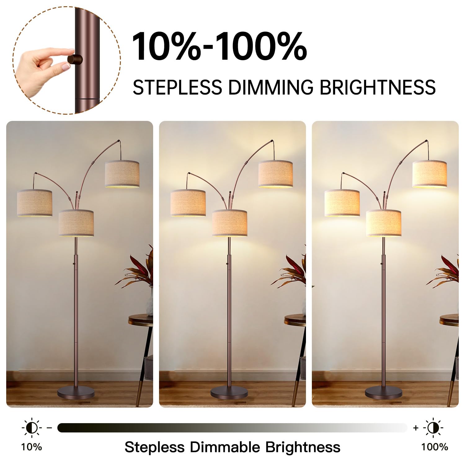 Dimmable Floor Lamp, 3 Lights Brown Arc Floor Lamps For Living Room, Modern Tall Standing Tree Lamp With Beige Linen Shade & Hea