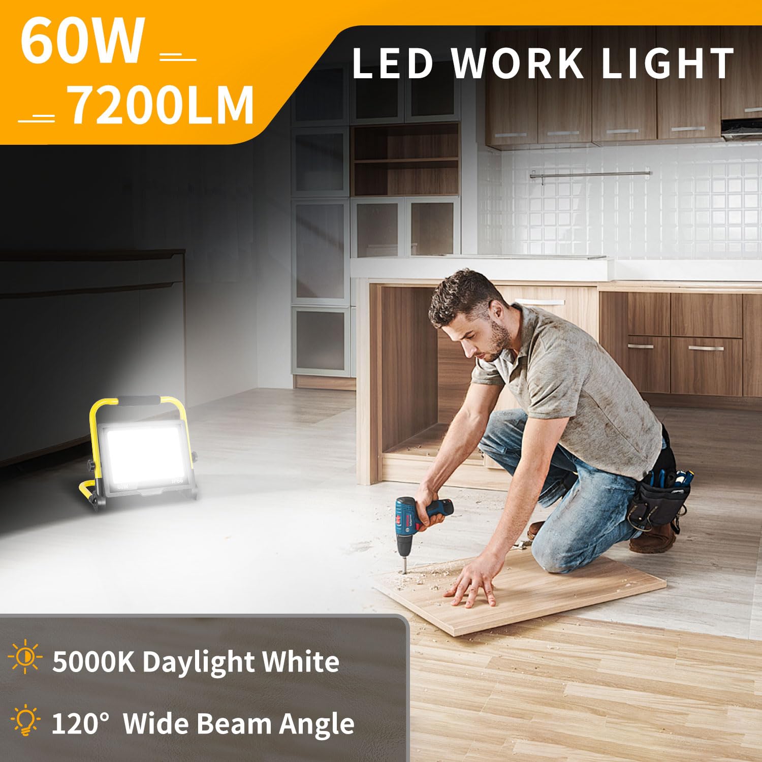 60W Led Work Light, 7200 Lm Outdoor Flood Light With 16Ft Cord & Switch, Ip66 Waterproof Portable Job Site Light With Stand, 500