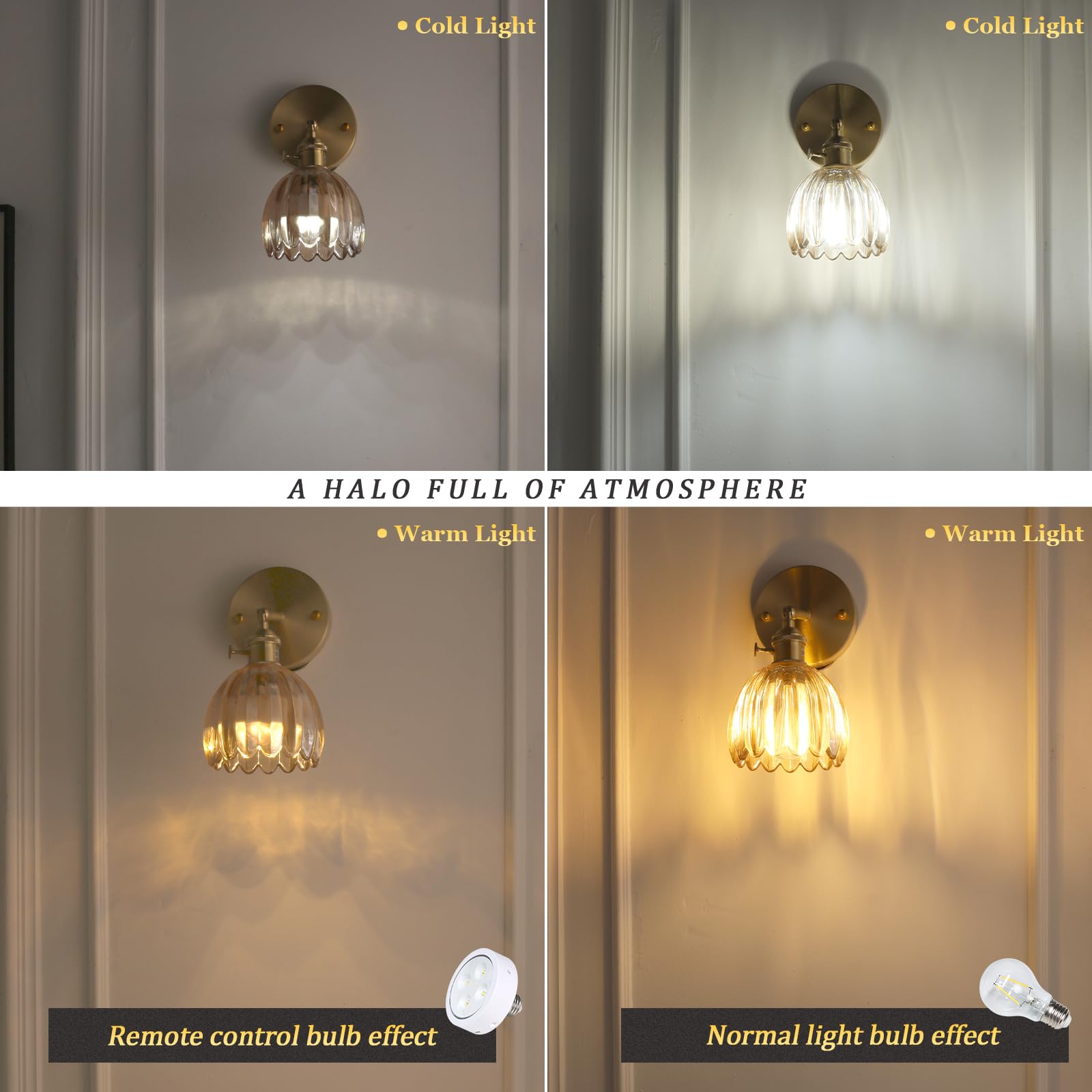 Shenmoyl Vintage Wall Sconces, 2 Light Hardwired, Adjustable Brass with Tulip Amber Glass Lampshade, Model 1-9415