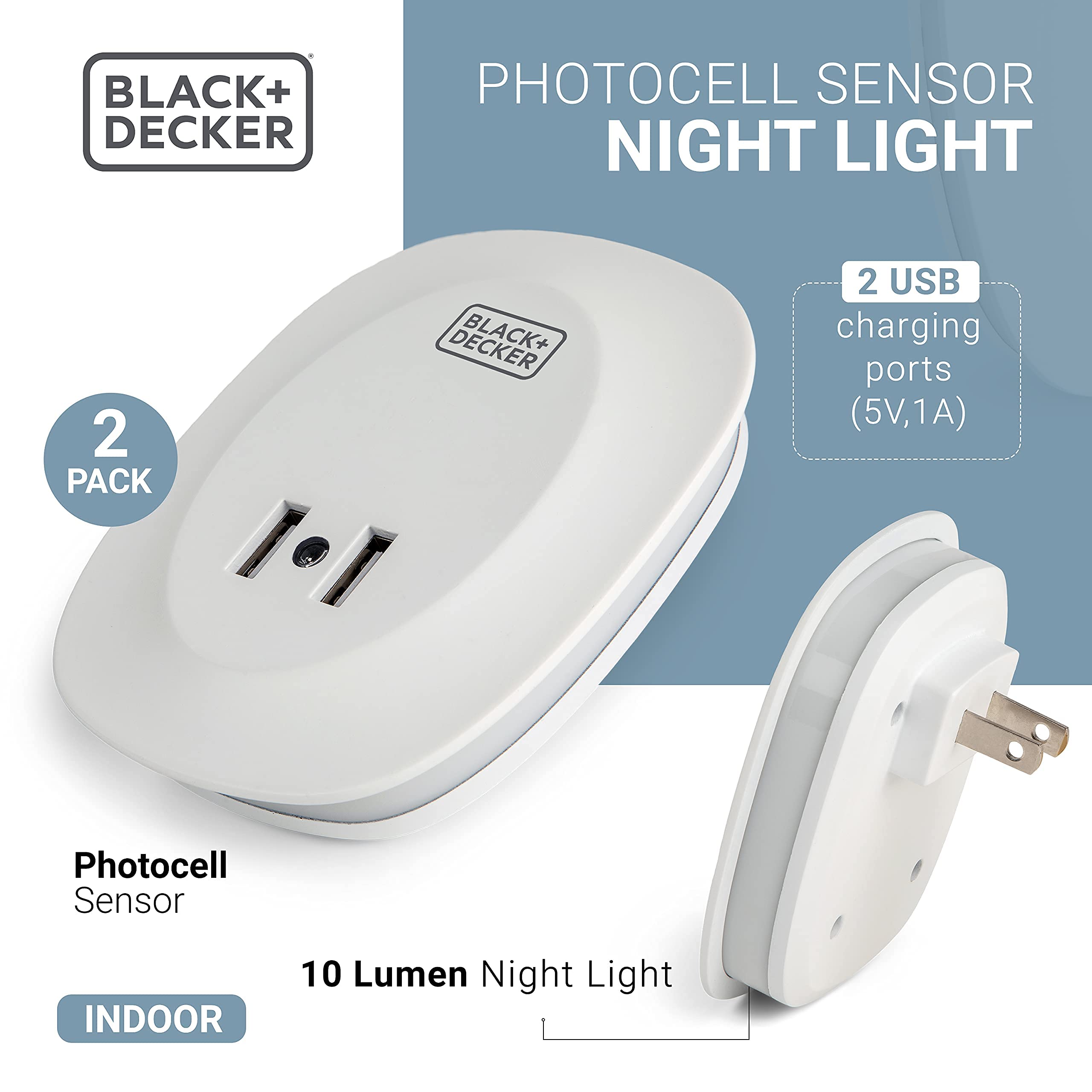 BLACK+DECKER Night Light with 2 USB Ports, Photocell Sensor, 10 Lumen, 2 Pack, Plastic