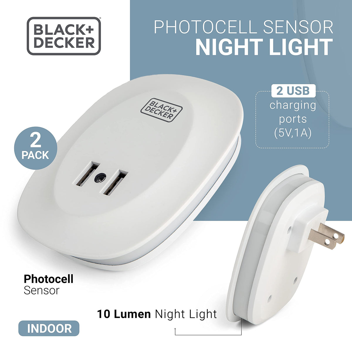 Usb Photocell BLACK+DECKER Night Light with 2 USB Ports, Photocell Sensor, 10 Lumen ...