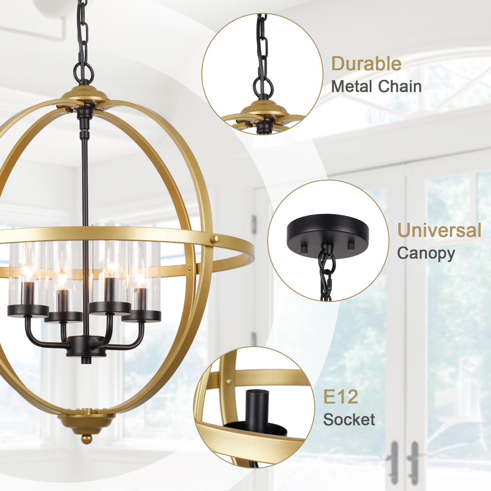 Treekee 4-Light Globe Orb Chandelier, Adjustable Iron Pendant Light, 20'' Black and Gold Finish for Dining Entryway Foyer