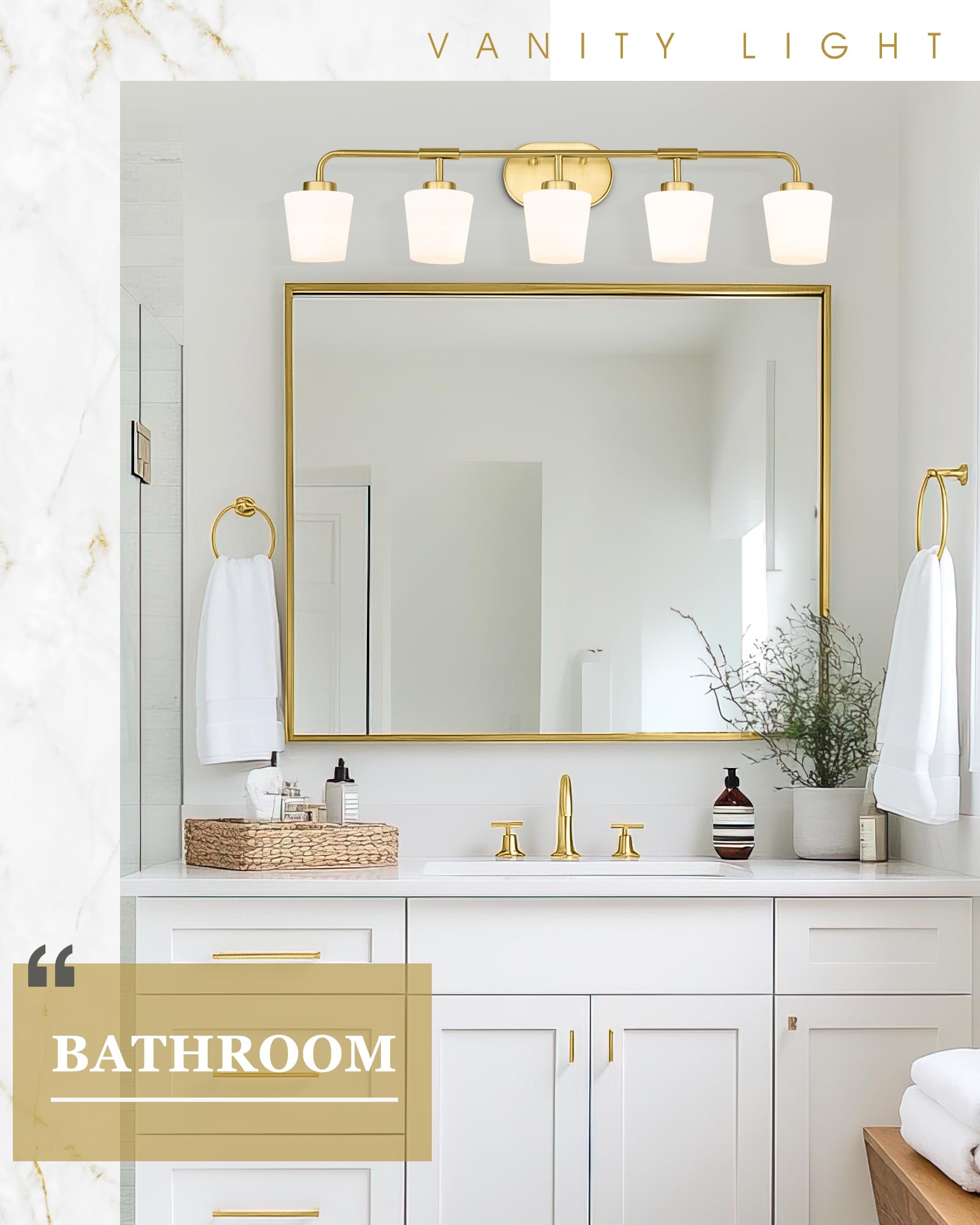 Audickic 5-Light Bathroom Vanity Light Fixture, Brushed Gold, Milk White Glass, Model AD-22004-5W-GD, 38inch Farmhouse Wall Sconce