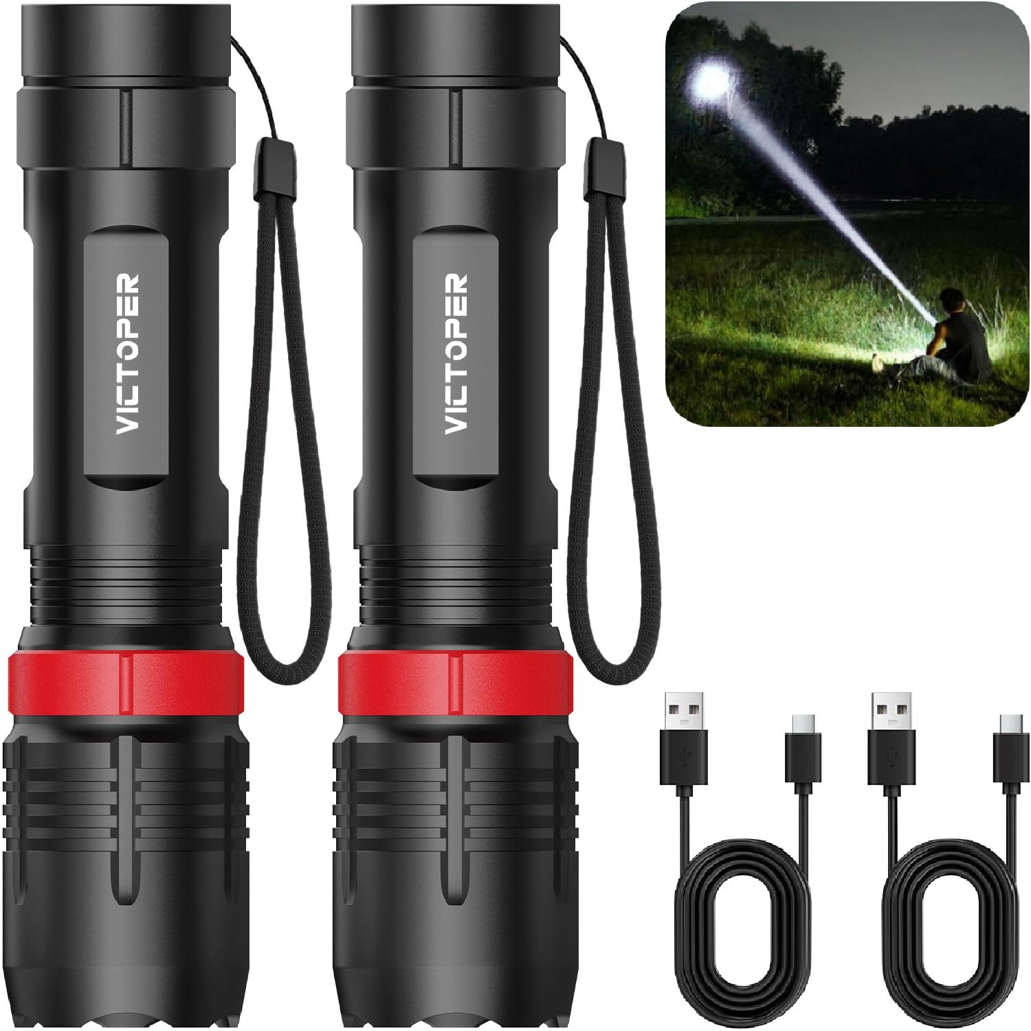 Victoper Rechargeabe Flashlight 2 Pack  High Lumens 5 Modes LED Bright Tactical Flashlights  Waterproof Zoomable Flash Light for Outdoor  Gifts for Camping Essentials Gear