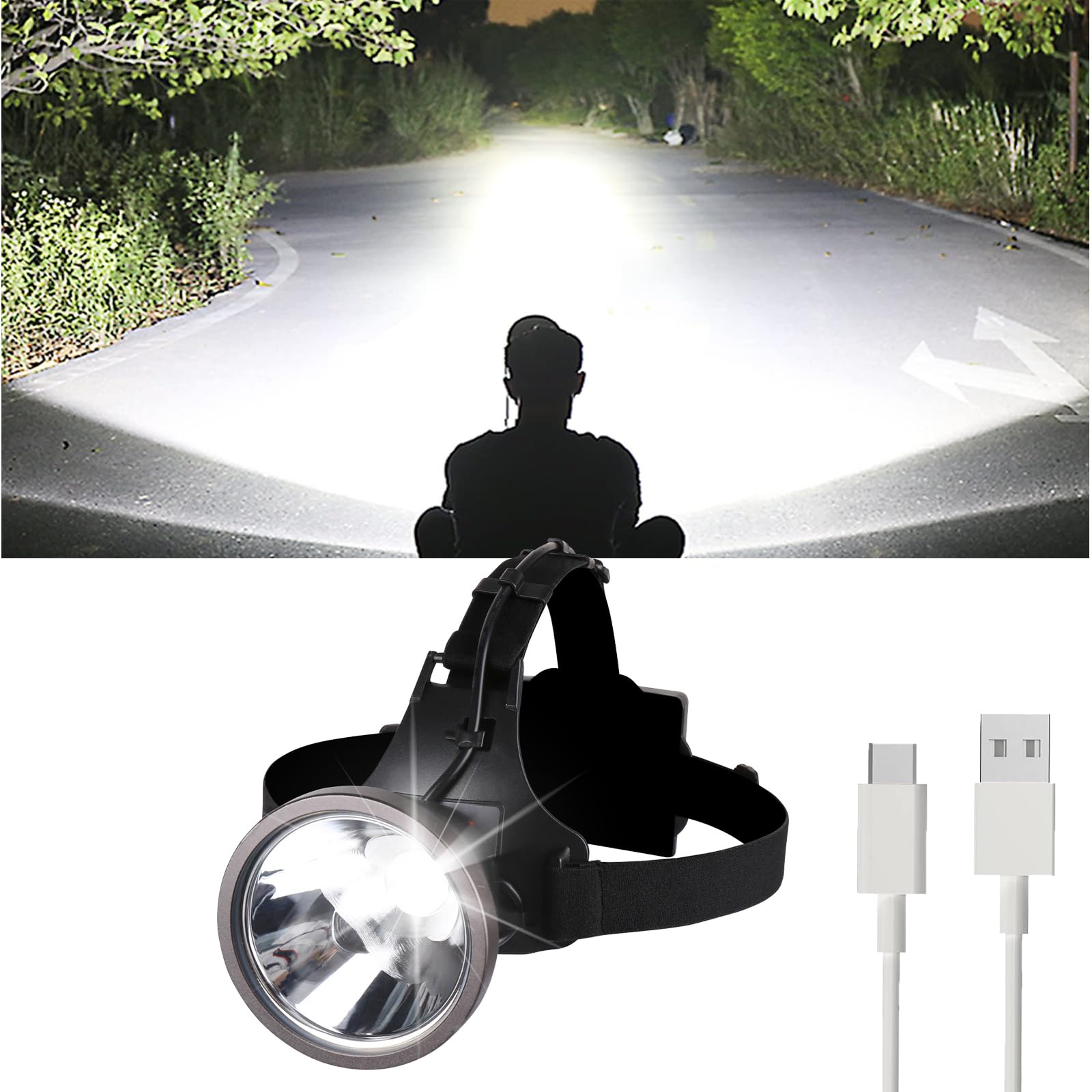 Amkulop Super Bright Headlamp  Led Rechargeable Head Lamp with Battery Powered for For Mature Users- Motion Sensor Headlamps Flashlight Waterproof Searchlight for Outdoor Hunting