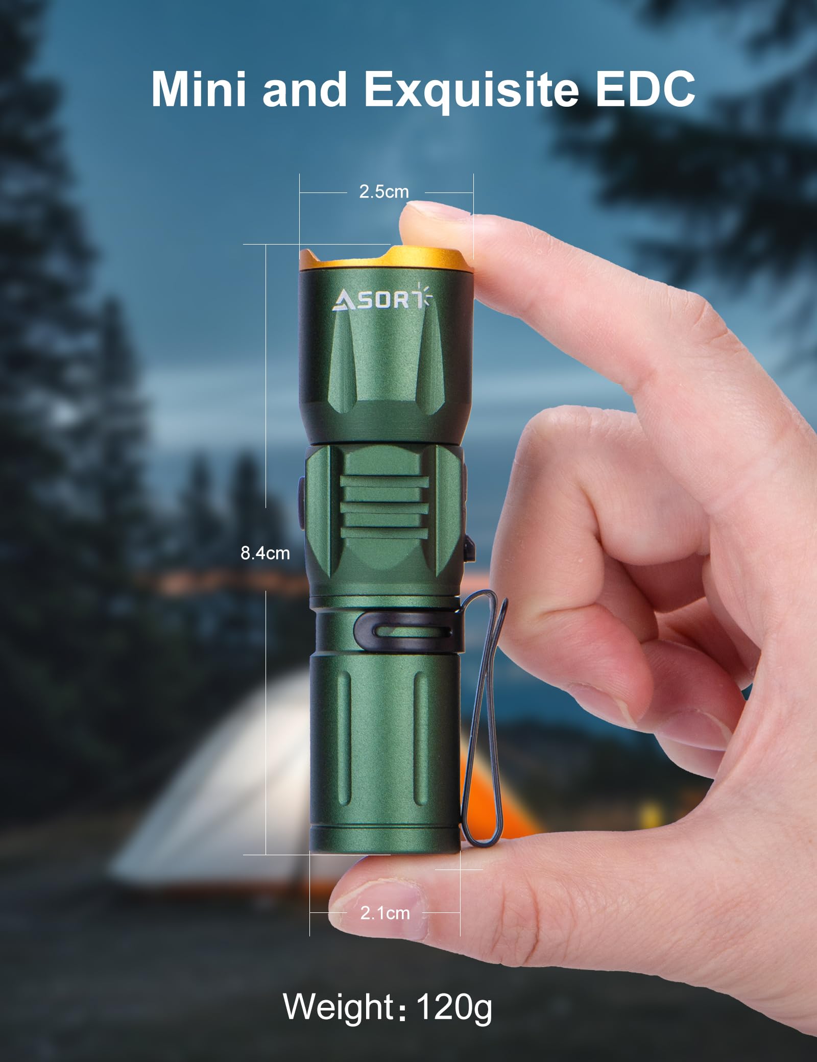 ASORT Mini Rechargeable LED Flashlight, 2000 Lumens, IP67 Waterproof, Zoomable, 4 Modes, Tactical, Green, Model T1C