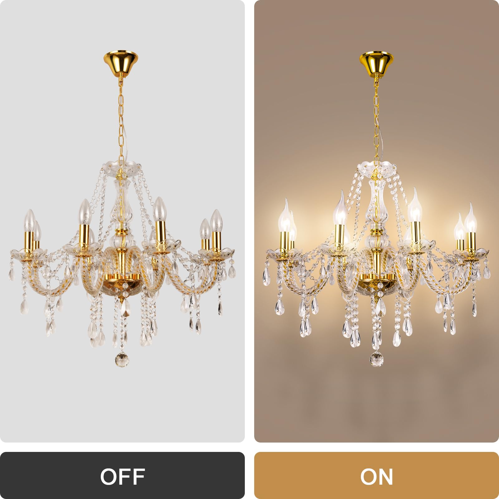 Baotree Modern Elegant 8 Lights K9 Crystal Glass Chandelier Golden Pendant Ceiling Lighting European Style For Dining Living Roo
