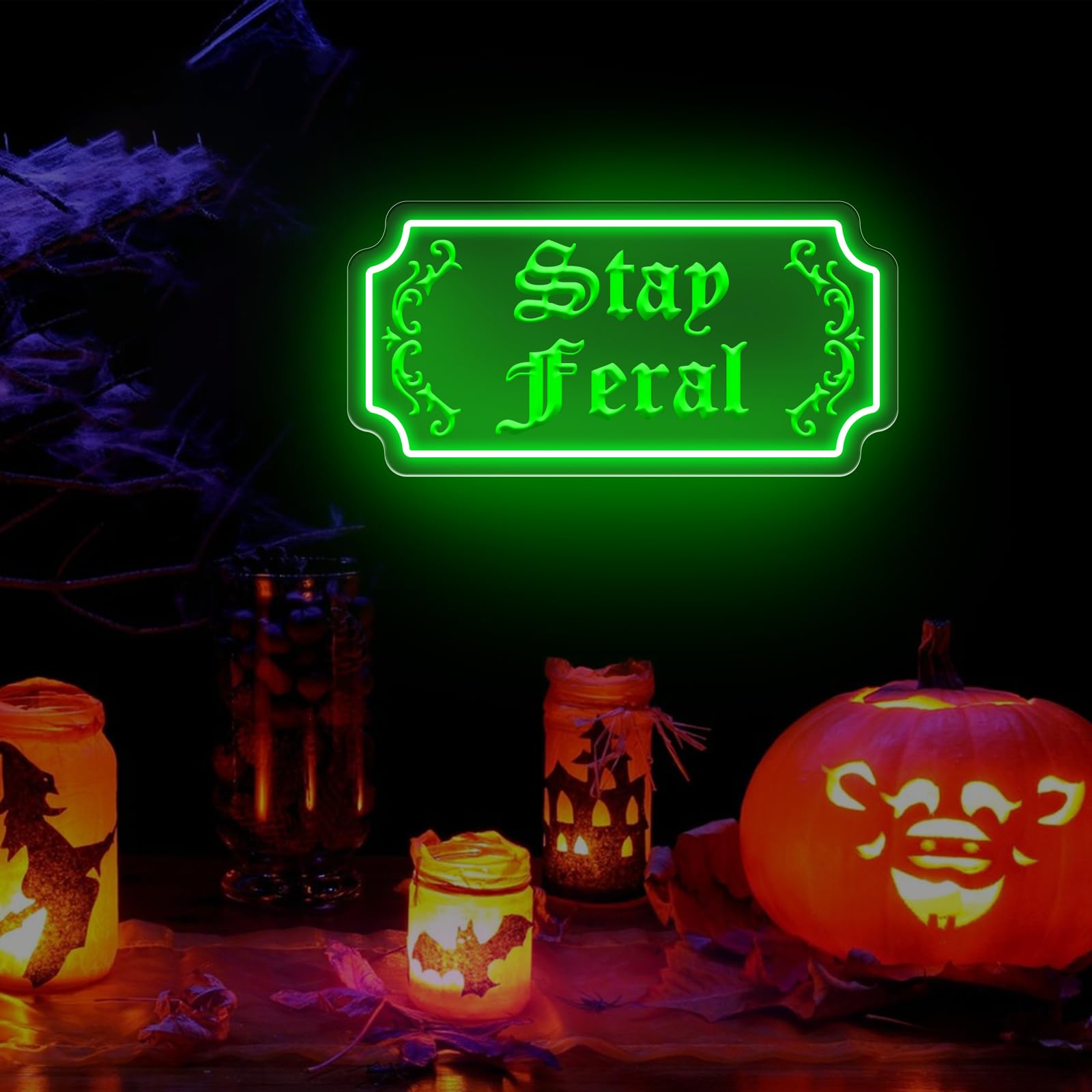 Stay Feral Neon Sign Gothic Decor Led Light Goth Lover Gift Halloween Decoration Bat Neon Sign Decor Ghost Spooky Wall Art  15.7X7.9  Green