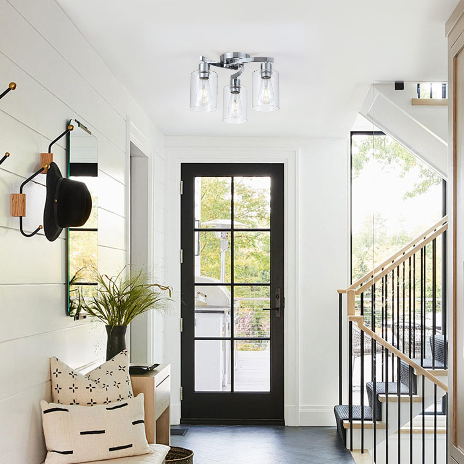 3Wwwuee 3-Light Semi Flush Mount Ceiling Light, Modern Close To Ceiling Light Fixtures With Clear Glass Shades, Chrome Light Fix