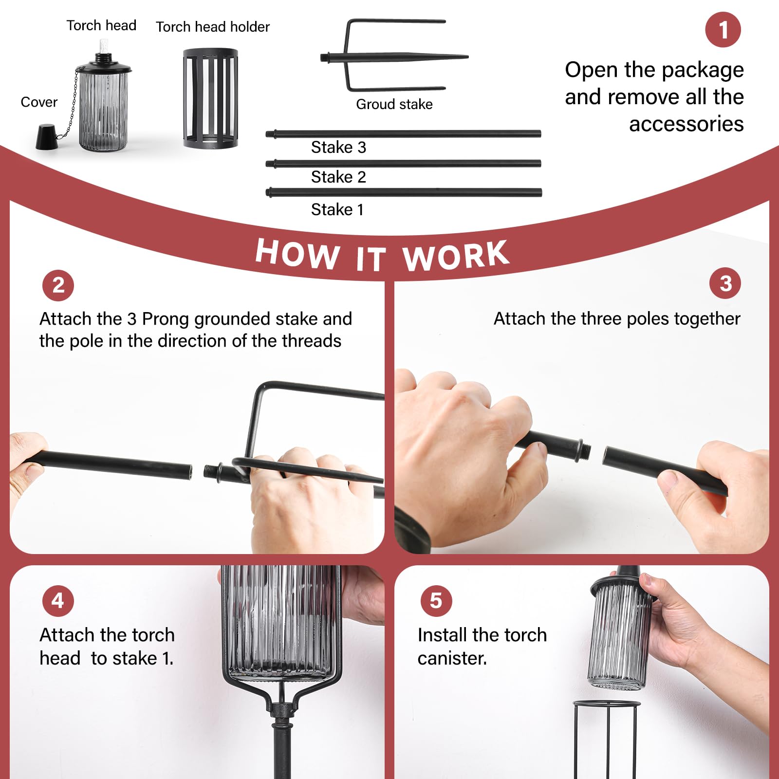 Falbawr 4 Pack Black Glass Citronella Torches - 55&quot; Outdoor Garden Lights With Stake